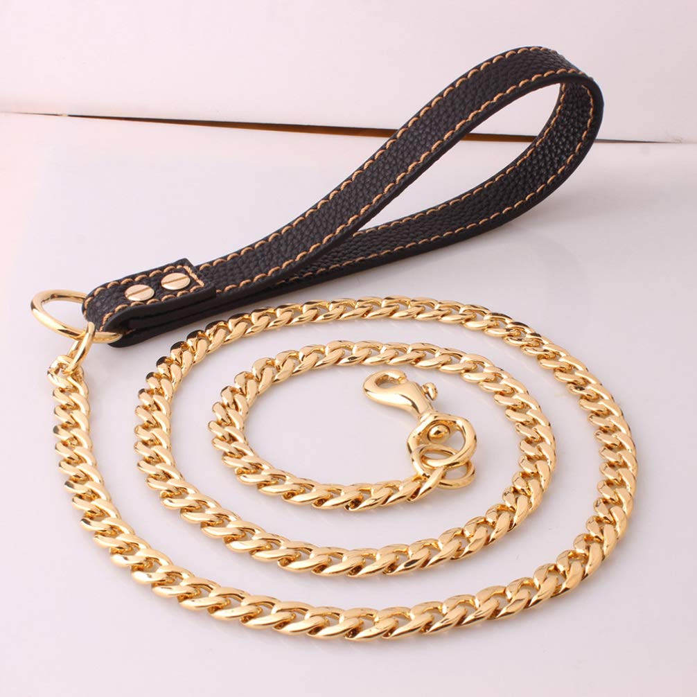 Premium Heavy Duty Dog Leash with Soft Padded Leather Handle & Gold Stainless Steel Chain - Strong Traction Rope for Small & Large Dogs - Perfect for Walking, Training & Outdoor Adventures