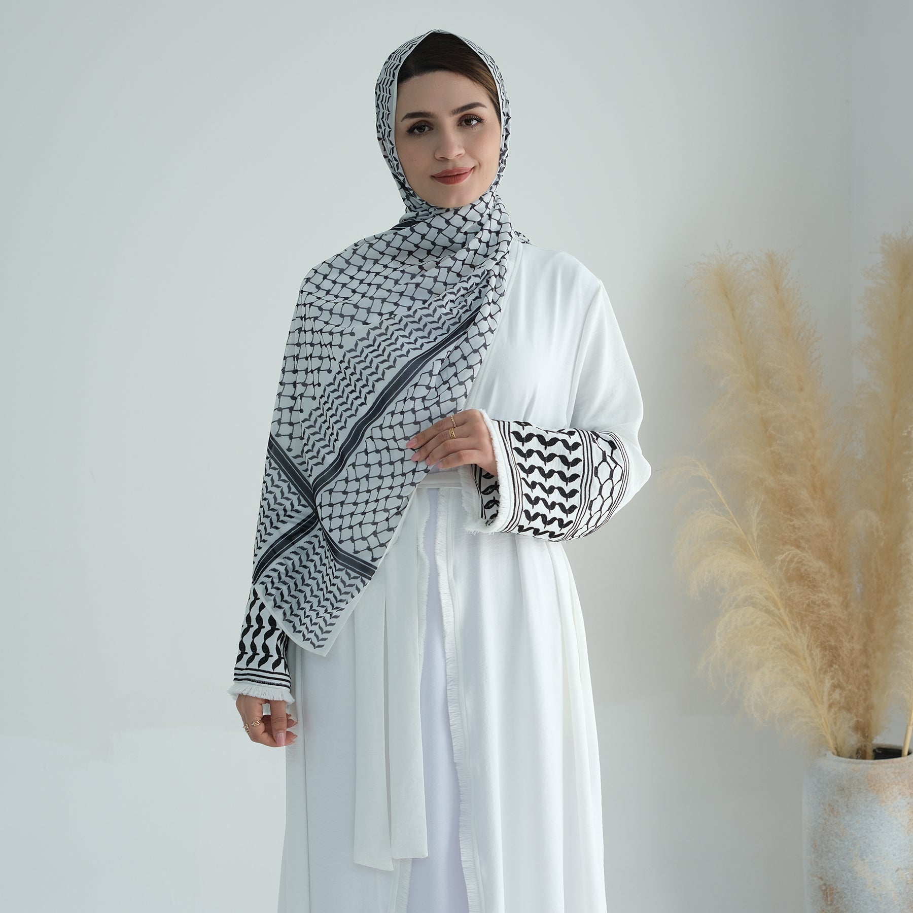 Stylish White Kufiya Open Abaya Set for Women - Modest Islamic Prayer Dress & Elegant Everyday Outfit