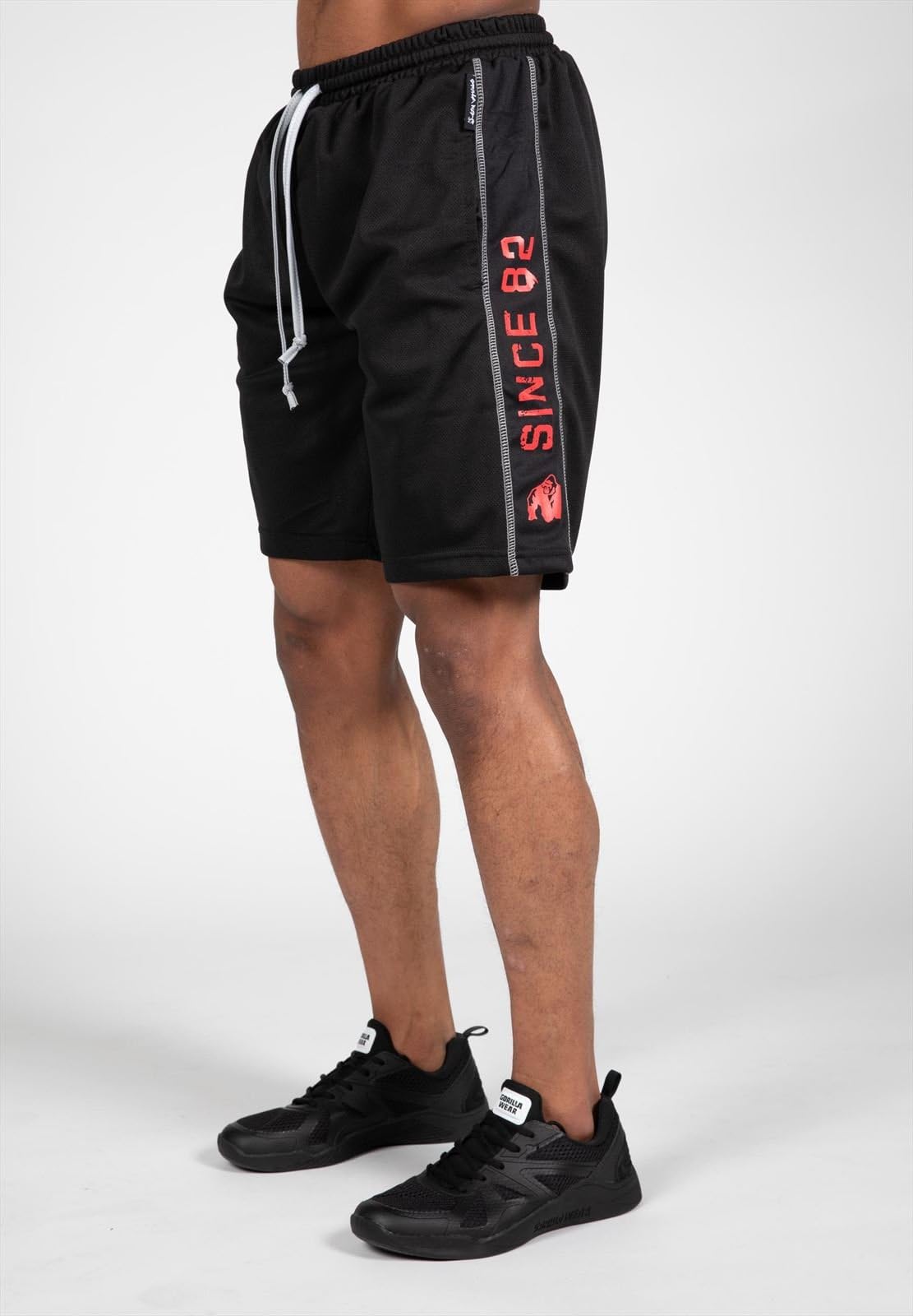 GORILLA WEAR Functional Mesh Shorts for Men - Breathable Workout Gym Running Shorts with Pockets, Black/Red - Perfect for Training, Jogging & Outdoor Sports