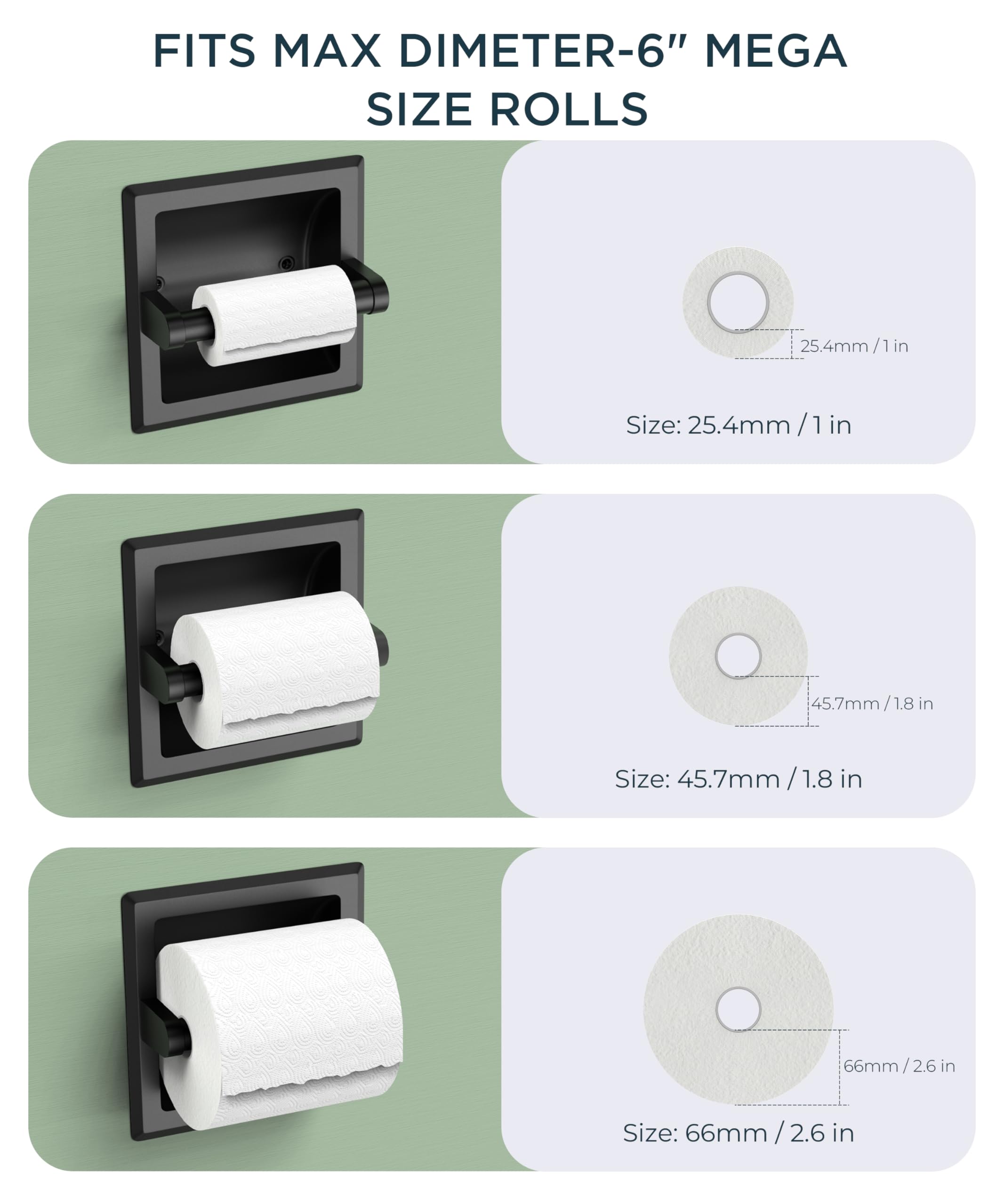 FORIOUS Matte Black Toilet Paper Holder - Wall Mount Recessed Bathroom Tissue Roll Holder with Rear Mounting Bracket | Durable & Space-Saving Design for Modern Homes & Apartments
