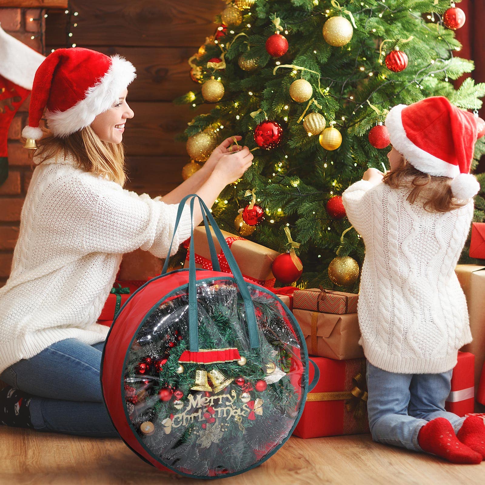 Shappy 4-Piece Clear Christmas Wreath Storage Bags with Handles & View Window - 24 Inch Holiday Decoration Organizer for Xmas Garlands, Wreaths & Seasonal Decor - Perfect for Attic, Basement & Closet Organization