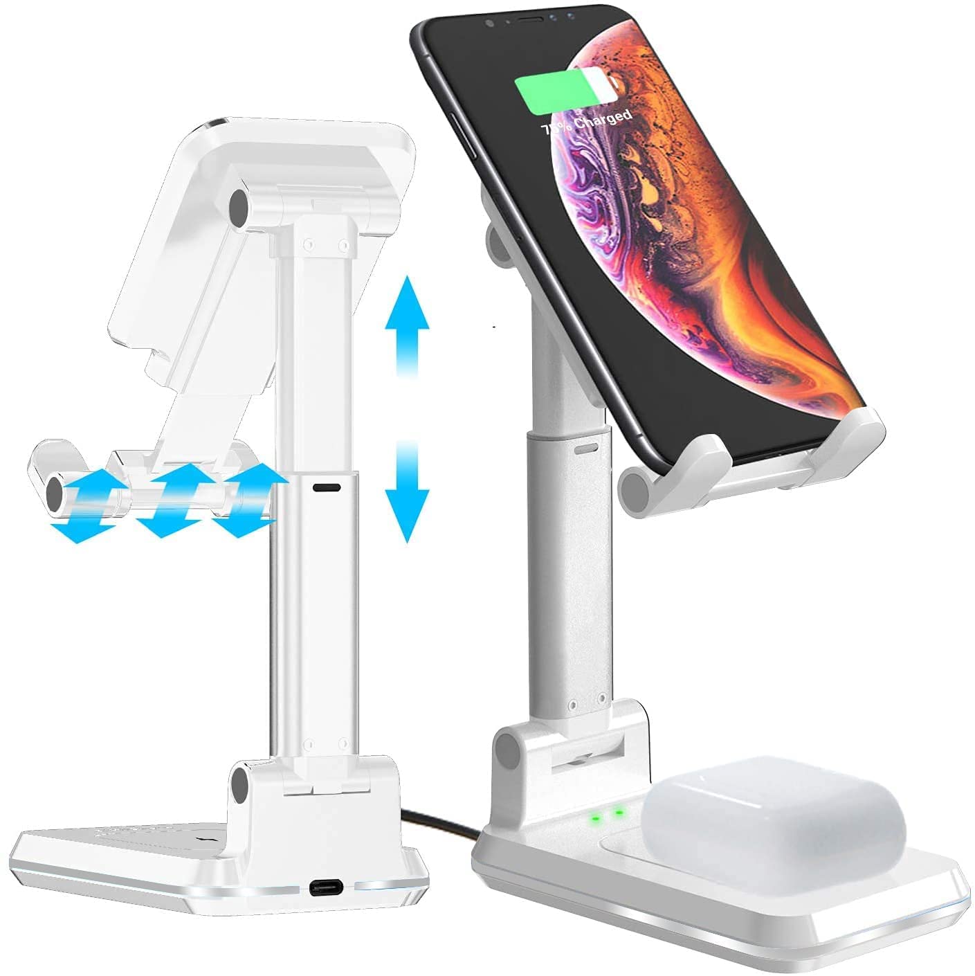 Raxxio 2-in-1 Adjustable Wireless Charging Stand - 10W Qi Fast Charger for iPhone 15/14/13/12/11 Pro/Plus/Max & Samsung Galaxy S23/S22/S21/S20 - Compatible with AirPods - Dual Wireless Charging Station (White) - Perfect for Home, Office & Nightstand Charging