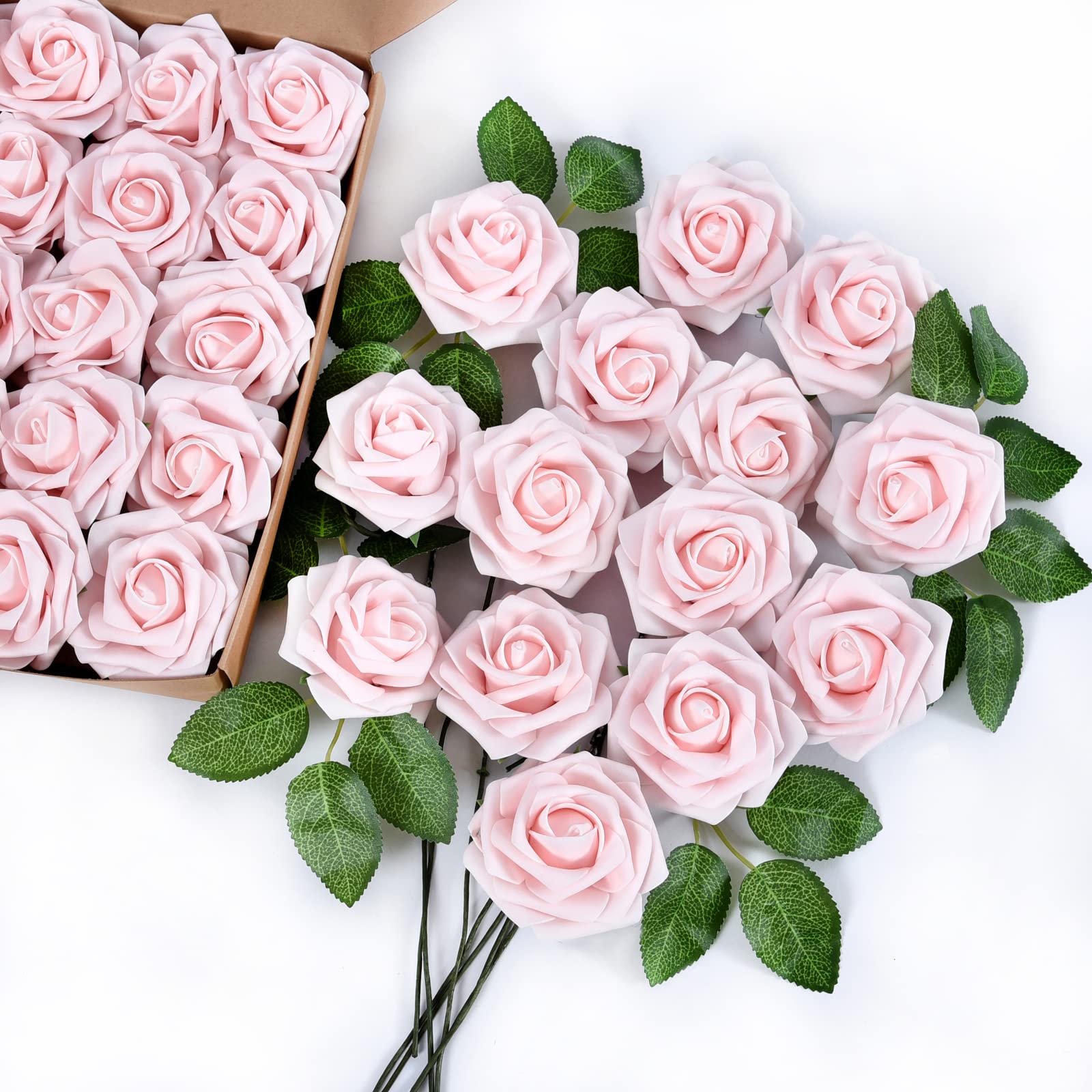 60PCS Realistic Blush Pink Foam Artificial Roses with 10PCS Leaves - DIY Wedding Bouquets, Bridal Shower Centerpieces, Home Decor for Living Room, Bedroom & Party Decorations