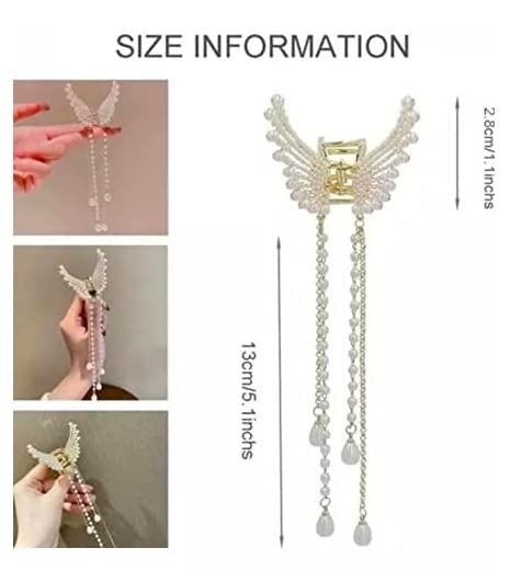 Elegant Thick Fancy Half Bun Hair Clips with Butterfly Pearl Tassel - Gold Plated Women's Hair Accessories for Parties, Weddings & Special Occasions