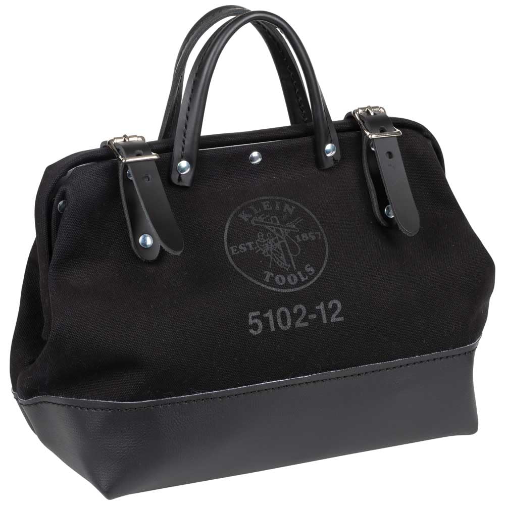 Klein Tools 510212BLK Heavy Duty Black Canvas Tool Bag - 12-Inch Professional Tool Tote with Wide Hinged Opening & Leather Handles - Perfect for Electricians, Contractors & DIY Projects