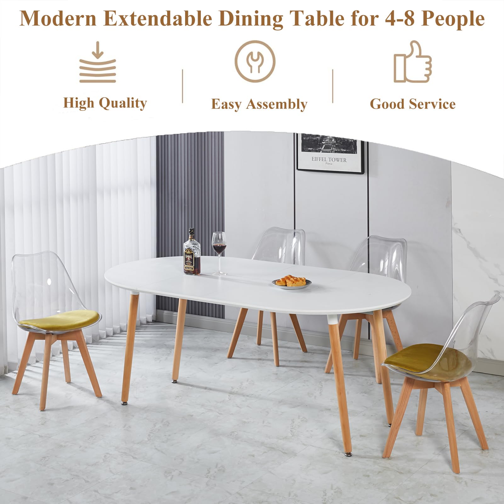 Modern Oval Extendable Dining Table for 4-8 People - Solid Wood & Metal Frame with MDF Tabletop (40