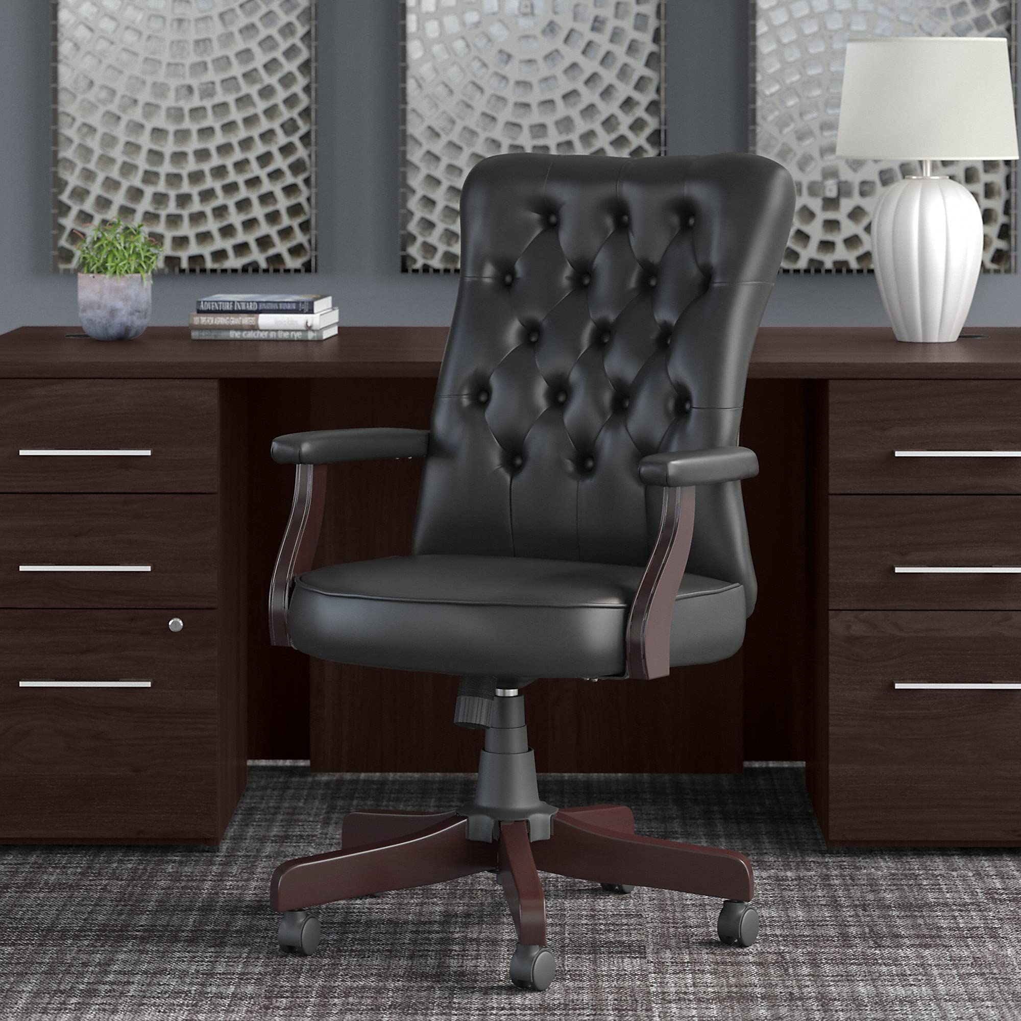 Bush Furniture Salinas High Back Tufted Office Chair with Arms - Black Leather Executive Chair for Home Office, Gaming & Workspace