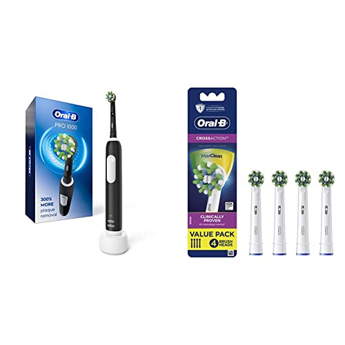 Oral-B Pro 1000 CrossAction Electric Toothbrush with 4 Replacement Brush Heads - Rechargeable Power Toothbrush for Adults, Black - Perfect for Travel & Daily Oral Care Routine