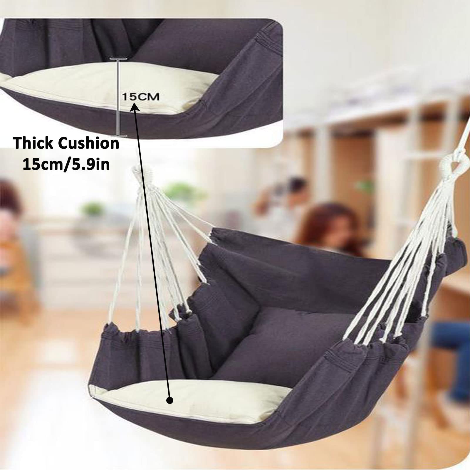 SRHWBF Oversized Hanging Hammock Chair with 2 Comfortable Cushions - Indoor/Outdoor Rope Swing Seat for Bedroom, Patio, Garden & Balcony Relaxation (Grey)