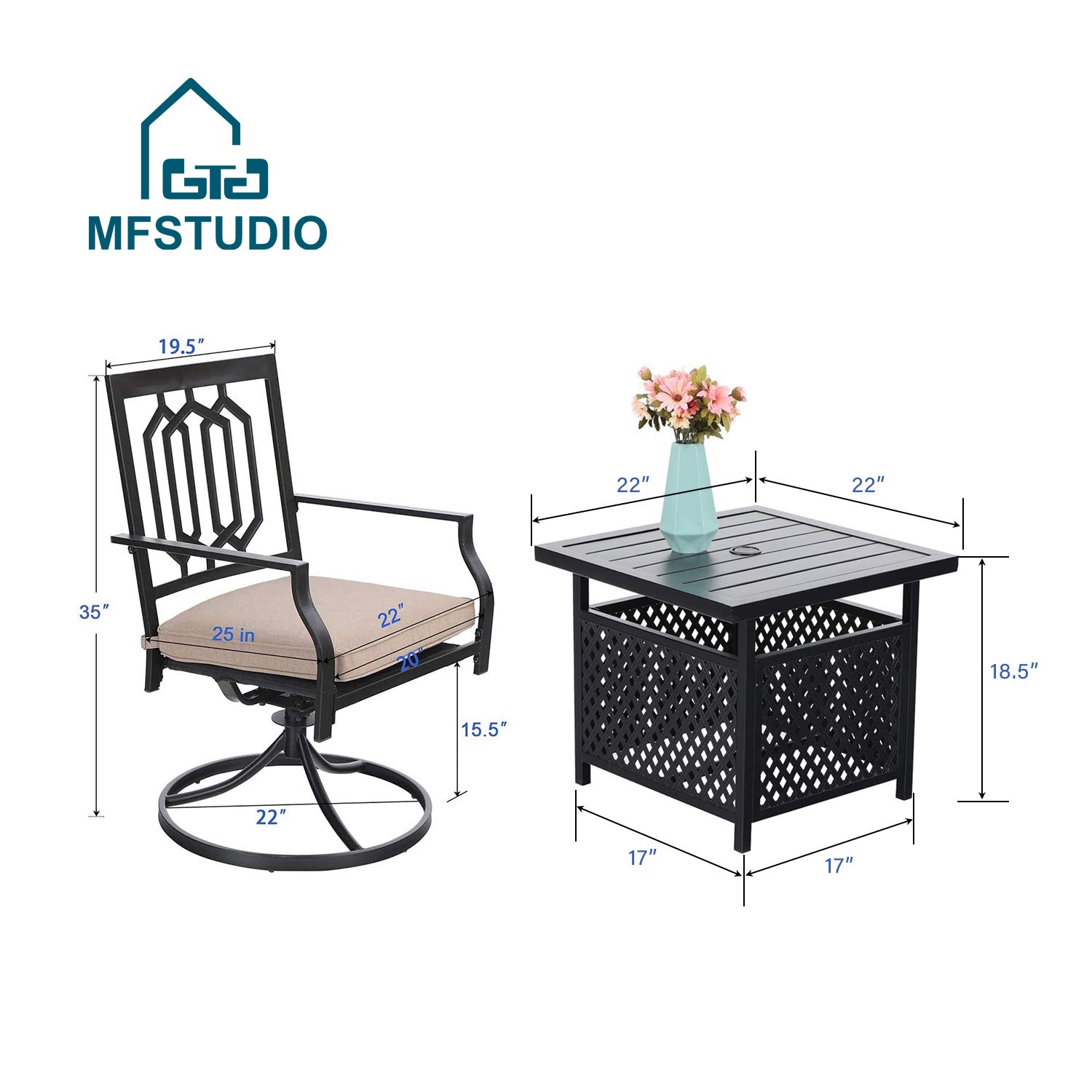 MFSTUDIO 3-Piece Black Wrought Iron Patio Bistro Set with 2 Swivel Chairs & Square Table - Outdoor Dining Furniture with Umbrella Hole for Garden, Yard, or Balcony | Perfect for Small Spaces, Morning Coffee, and Intimate Gatherings