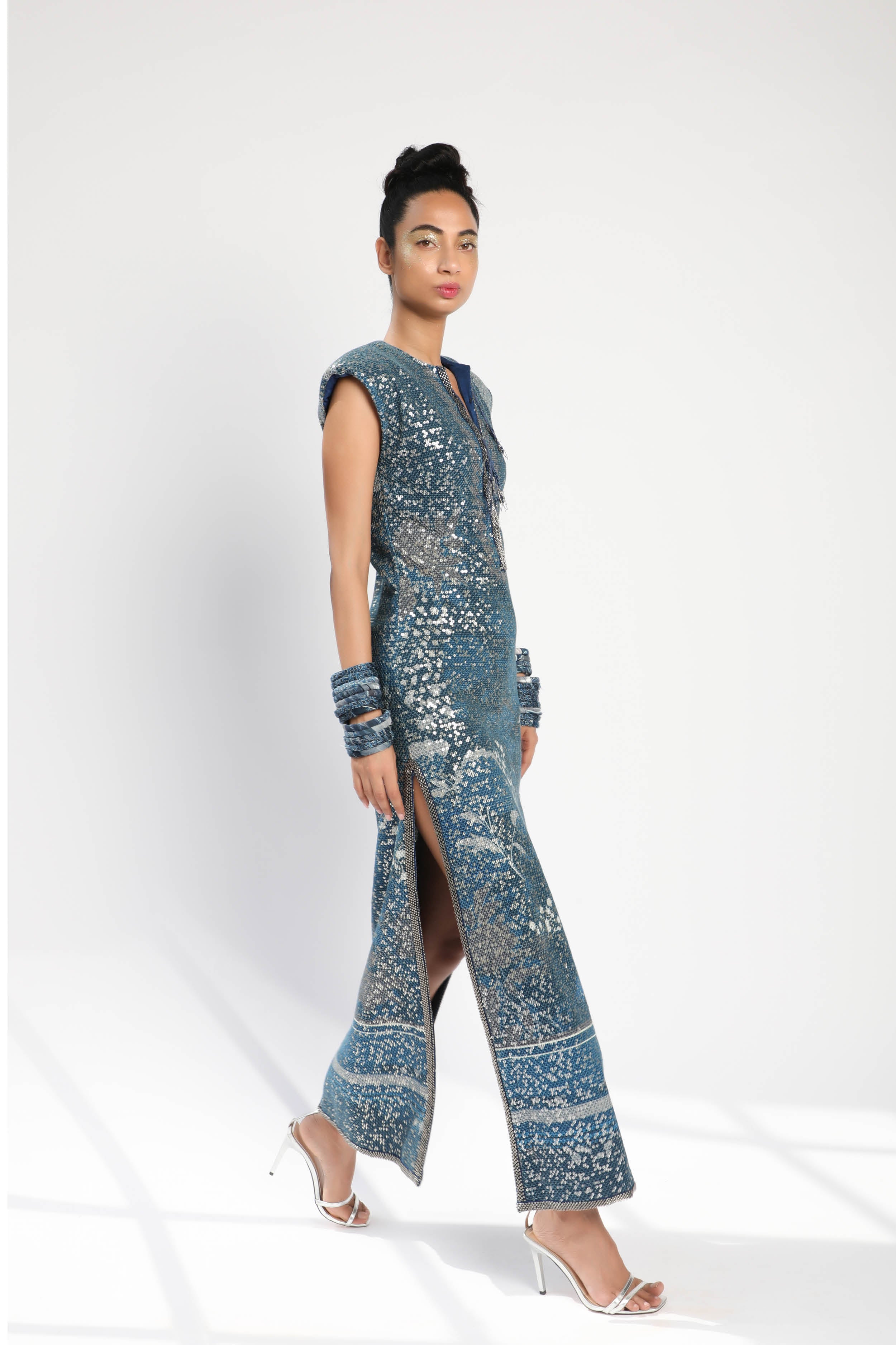 Indigo Blue Floral Print Side Slit Maxi Dress for Women | Elegant Summer Beach Party & Evening Occasion Wear