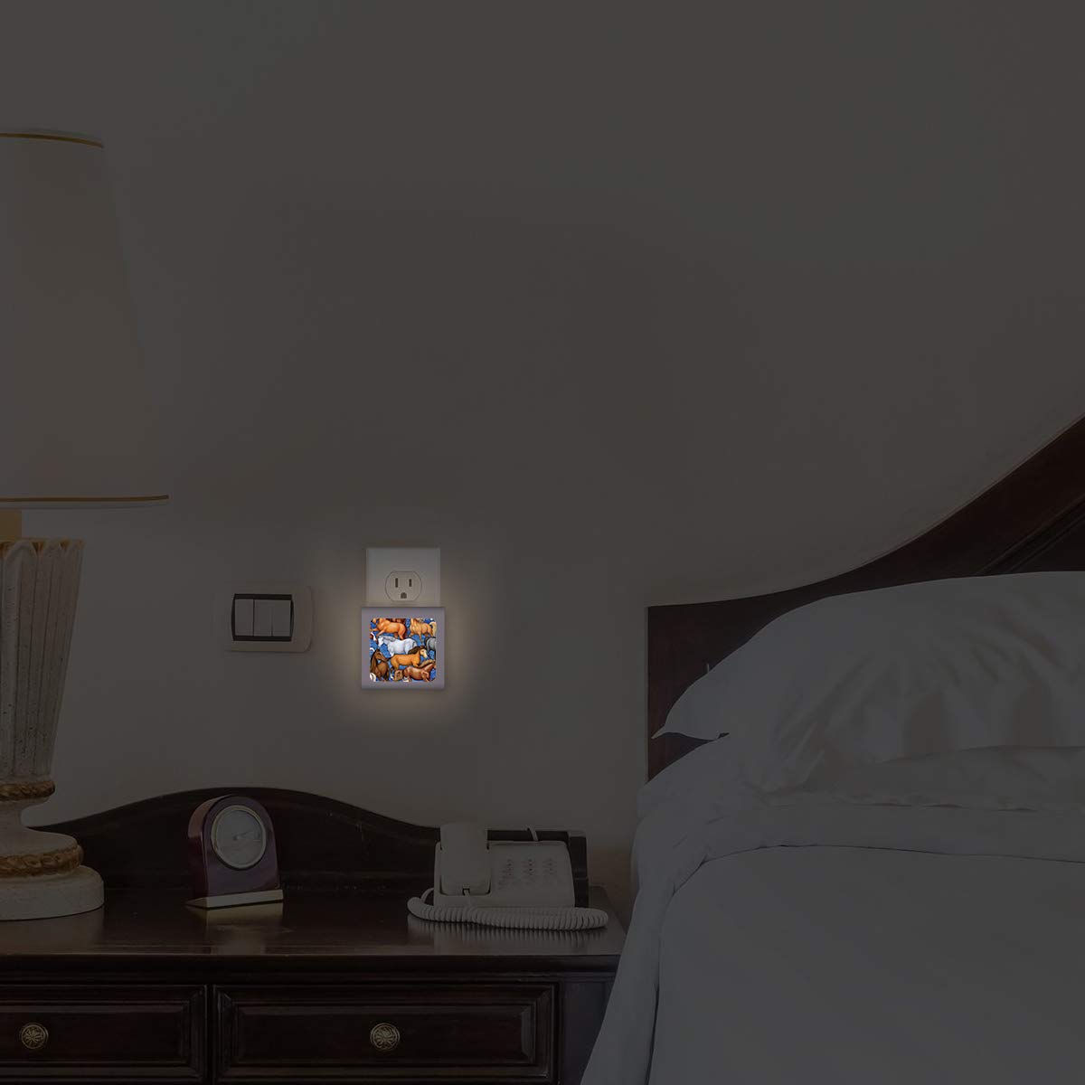 Dimmable LED Night Light with Auto On/Off Sensor - Adjustable Brightness & Warm White Light for Bathroom, Hallway, Nursery & Bedroom - Horse Design by Dan Morris - Perfect for Nighttime Safety & Comfort