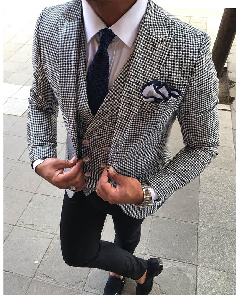Slim Fit Plaid Dogstooth Blazer Suit for Men - Peak Lapel Formal Wedding Suit Set (Jacket + Vest + Pants) | Perfect for Groom, Business Meetings & Special Occasions