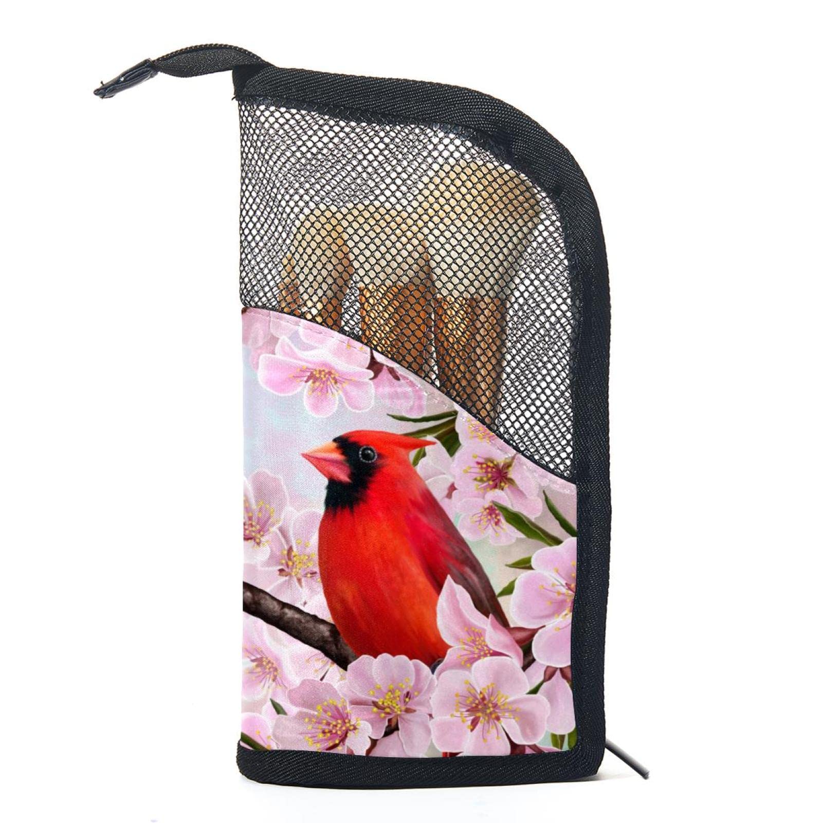 12-Piece Makeup Brush Organizer Bag with Portable Case - Red Bird Pink Cherry Blossom Design | Travel-Friendly Cosmetic Brush Holder for Home & On-The-Go Use
