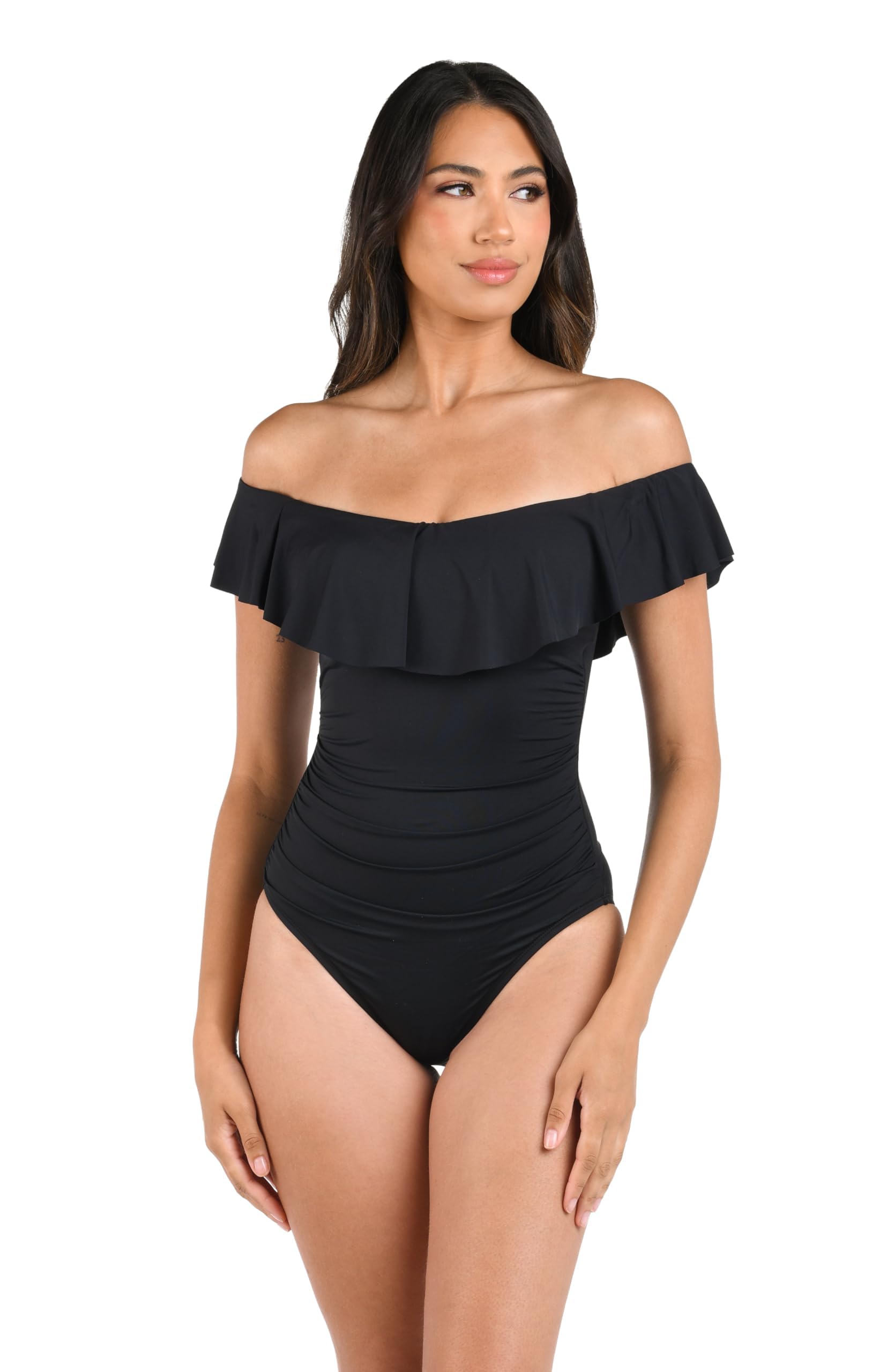 La Blanca Women's One Piece Swimsuit - Off Shoulder Ruffle Bathing Suit for Beach Vacation & Pool Party | Island Goddess Swimwear for Summer