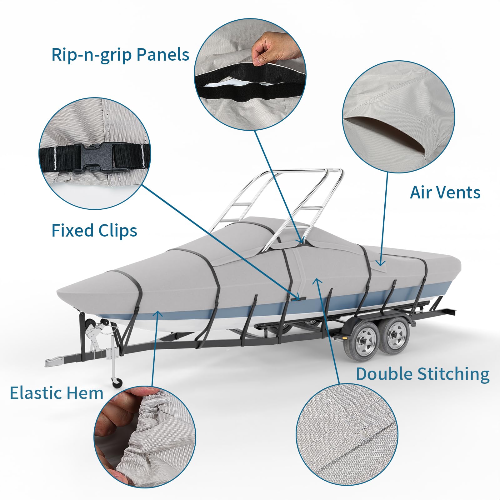 Tuszom True 900D Waterproof Ski & Wakeboard Boat Cover - Heavy Duty Solution Dyed Fabric with 11+6 Windproof Straps & Storage Bag - Fits 22'-24' Length, 116