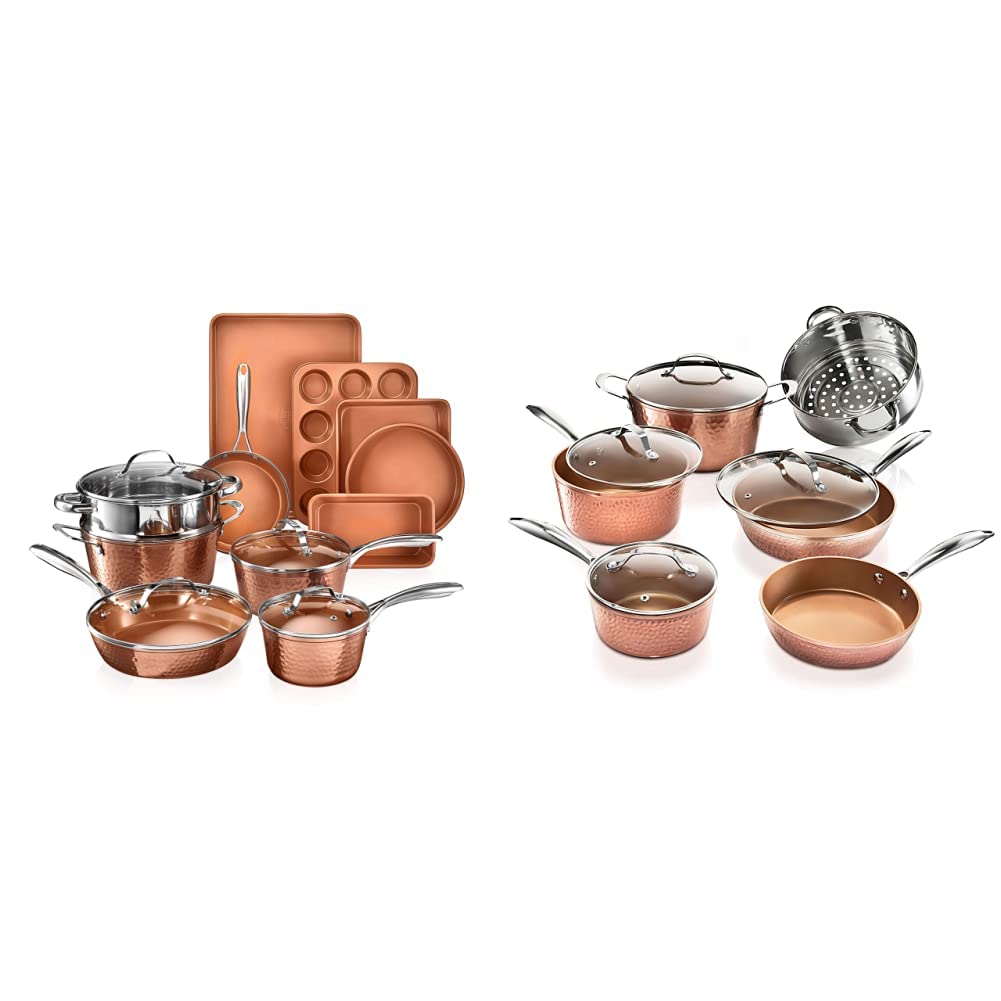 Gotham Steel Hammered Copper 15-Piece Premium Cookware & Bakeware Set with 10-Piece Ceramic Pots and Pans - Nonstick Kitchen Essentials for Baking, Frying & Cooking - Perfect for Home Chefs & Professional Kitchens