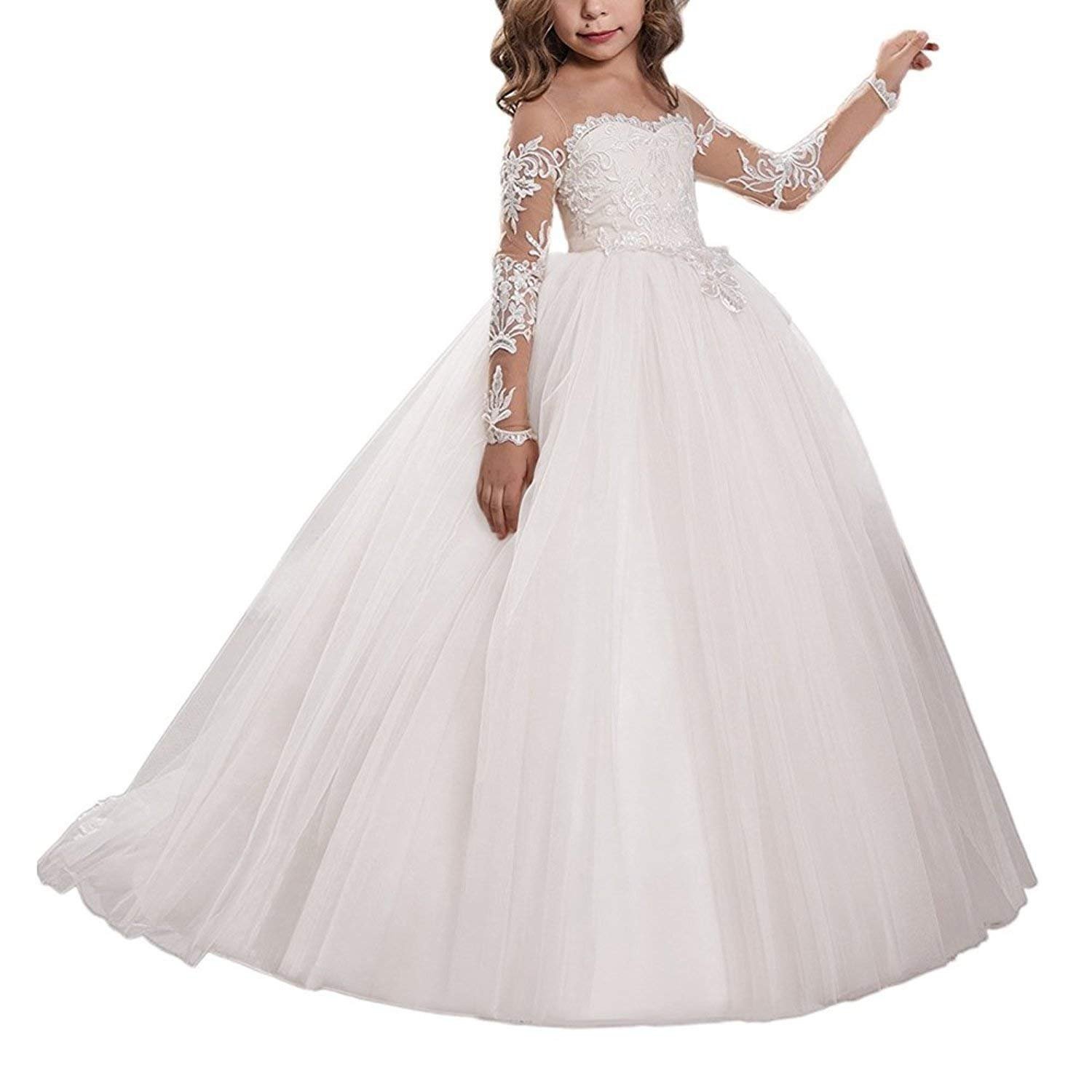 Lace Embroidery Sheer Long Sleeve Flower Girl Dresses for Kids - Perfect for Weddings, Baptisms & Special Occasions