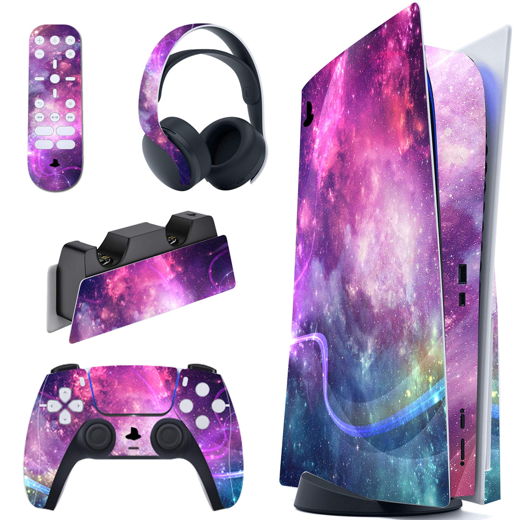 PlayVital Purple Galaxy Full Skin Decal Set for PS5 Console Disc Edition - Vinyl Sticker Cover for PS5 Controller, Charging Station, Headset & Media Remote - Gaming Accessories for Ultimate Customization & Protection
