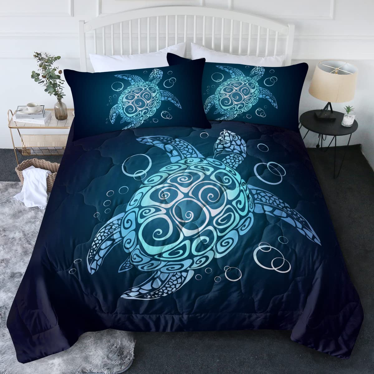 **BlessLiving Watercolor Turtle Comforter Set - King Size 3-Piece (1 Comforter + 2 Pillow Shams) - Blue Green Turquoise Teal Bedding for Kids, Boys & Girls - Perfect for Beach, Ocean, or Nautical Themed Bedrooms**
