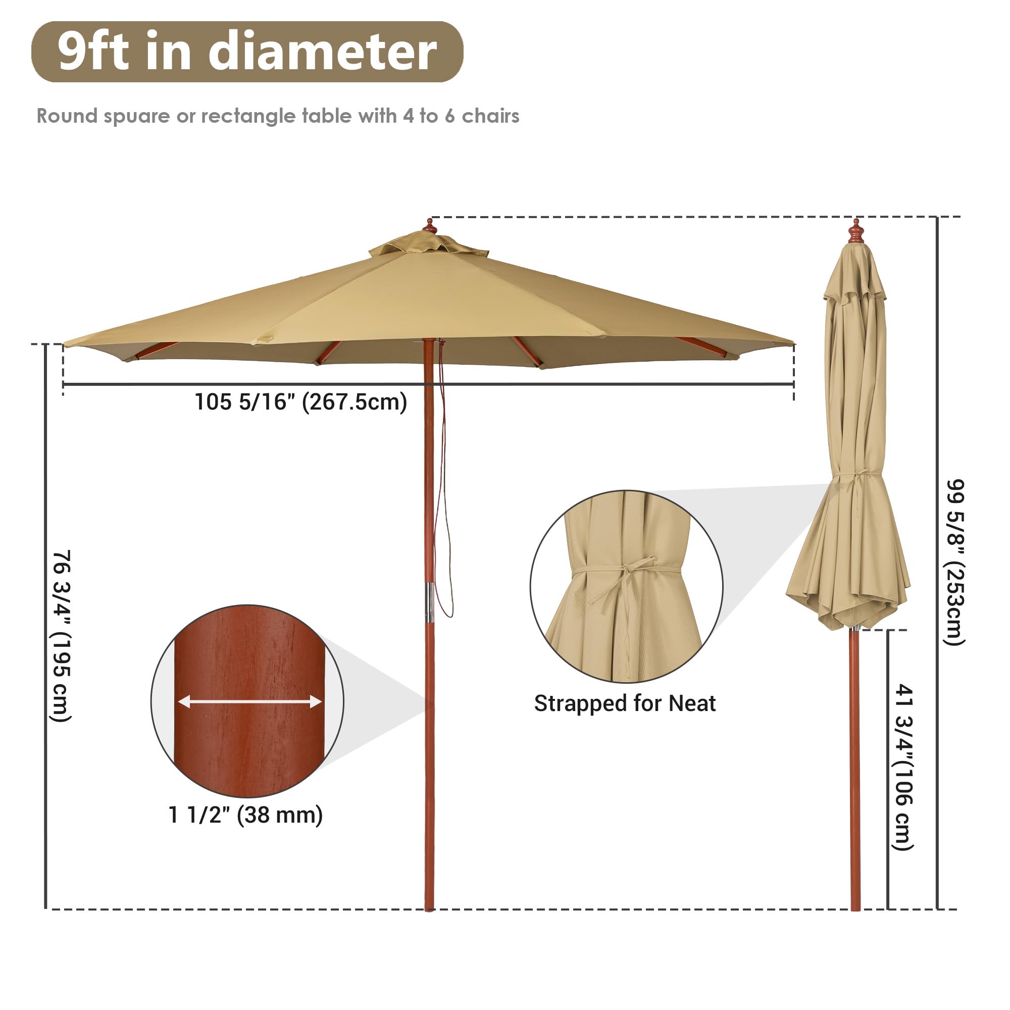 Yescom 9ft Tan Wooden Outdoor Patio Umbrella with Pulley - Perfect for Garden, Yard, Beach, Deck & Cafe - Sun Shade for Outdoor Dining & Relaxation