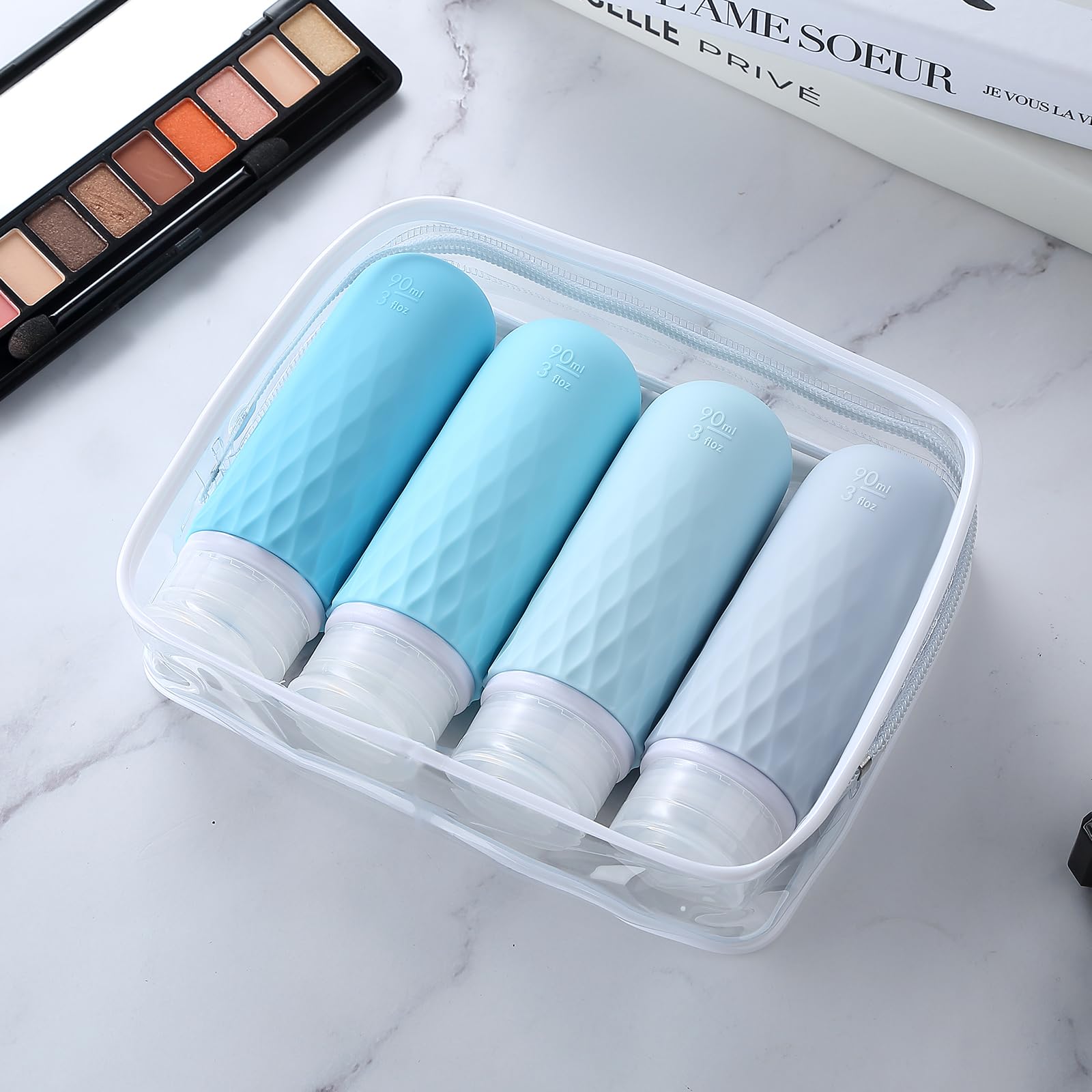 Gemice 4-Pack TSA Approved 3oz Travel Size Bottles - BPA Free Leak Proof Squeezable Toiletry Containers for Shampoo, Conditioner & Lotion | Perfect for Air Travel, Gym & Vacation Essentials