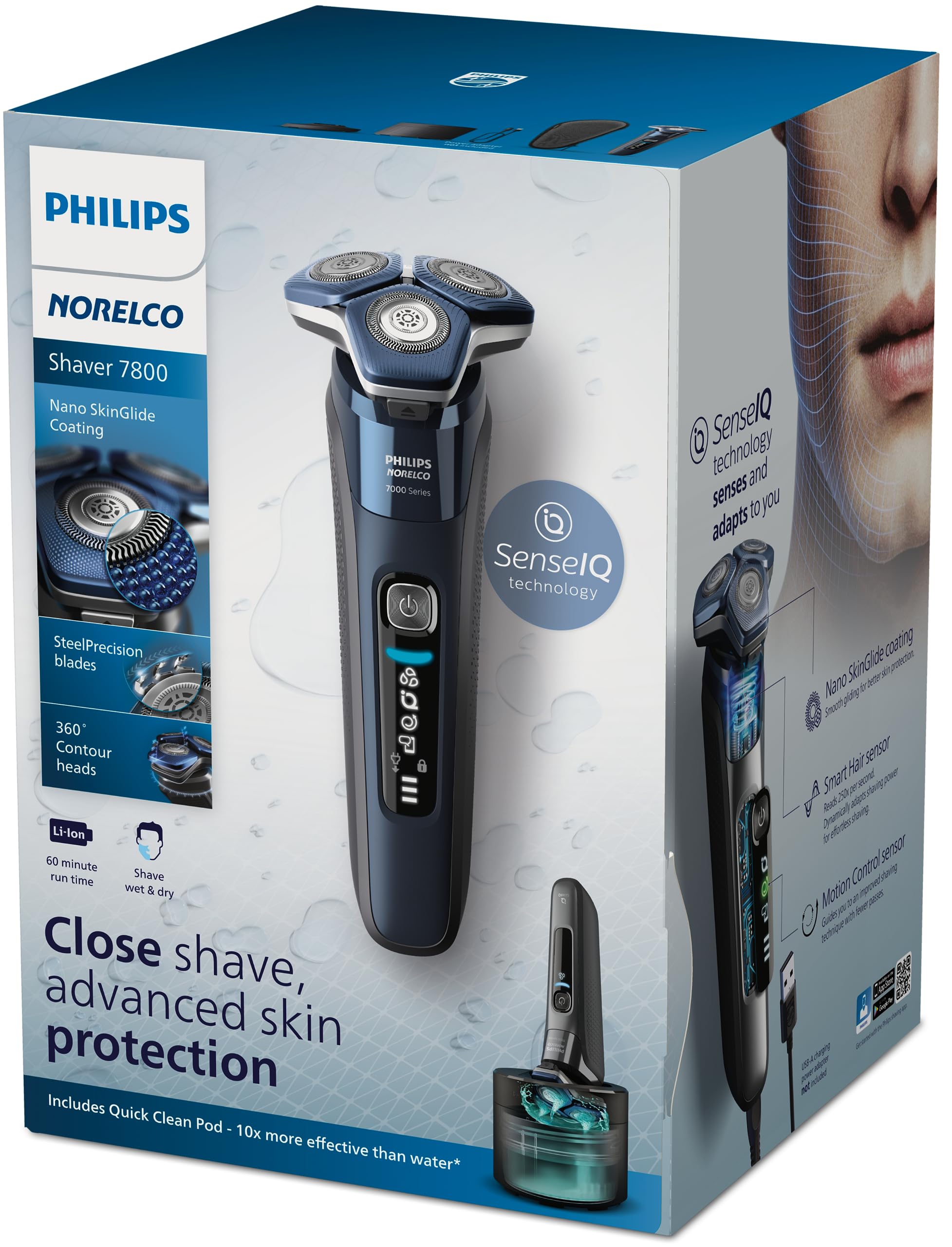 Philips Norelco 7800 S7885/85 Electric Shaver with 2-Pack Quick Clean Pod Cartridges CC12/52 - Wet & Dry Cordless Men's Razor for Travel, Home & Office Use