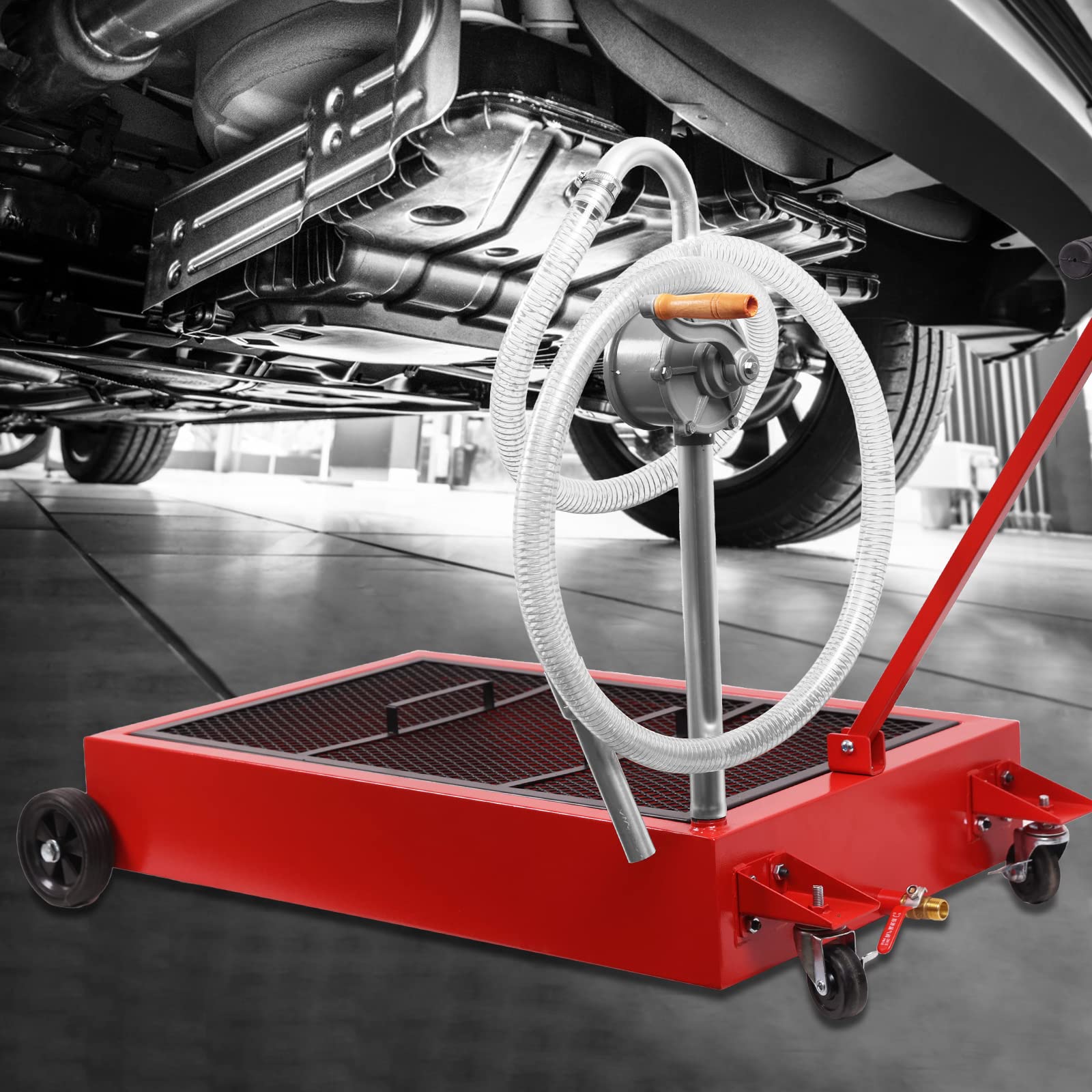 GARVEE 25 Gallon Hand Pump Oil Drain Pan with 95L Low Profile Design - Heavy Duty Automotive Oil Change Pan for Cars, Trucks & Motorcycles - Red