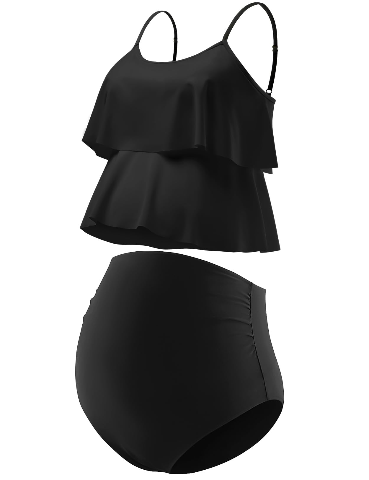 GINKANA Women's Maternity Tankini Swimwear 2 Piece Set - Double Ruffle Hem Pregnancy Bathing Suit for Beach, Pool & Vacation | Comfortable Maternity Swimsuits for Expecting Moms