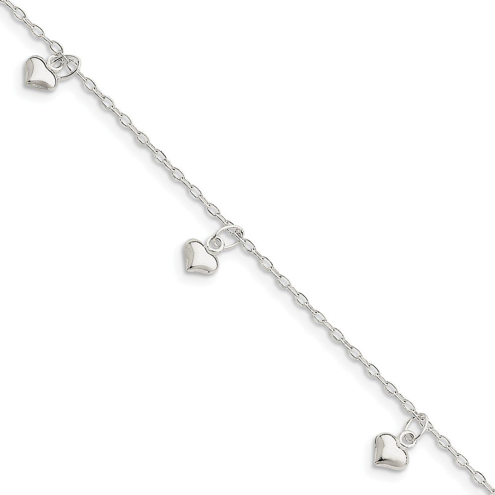 Jewels By Lux Sterling Silver Polished Puffed Heart Anklet - Elegant Adjustable Ankle Bracelet for Women | Perfect for Beach, Date Night & Everyday Wear