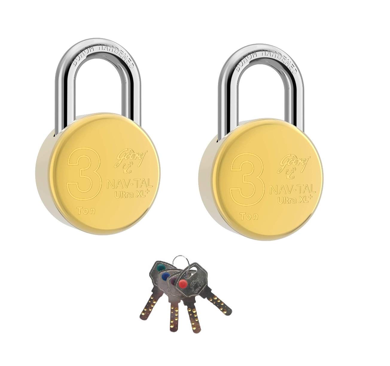 Godrej Navtal Ultra XL + 3 Ton Heavy Duty Round Padlock with 4 Keys - High Security Main Door & Gate Lock for Toolbox, Shutters, Shops & Offices - Corrosion Resistant Brass Shackle (2-Pack) - Ideal for Home Security, Warehouse Protection & Commercial Use