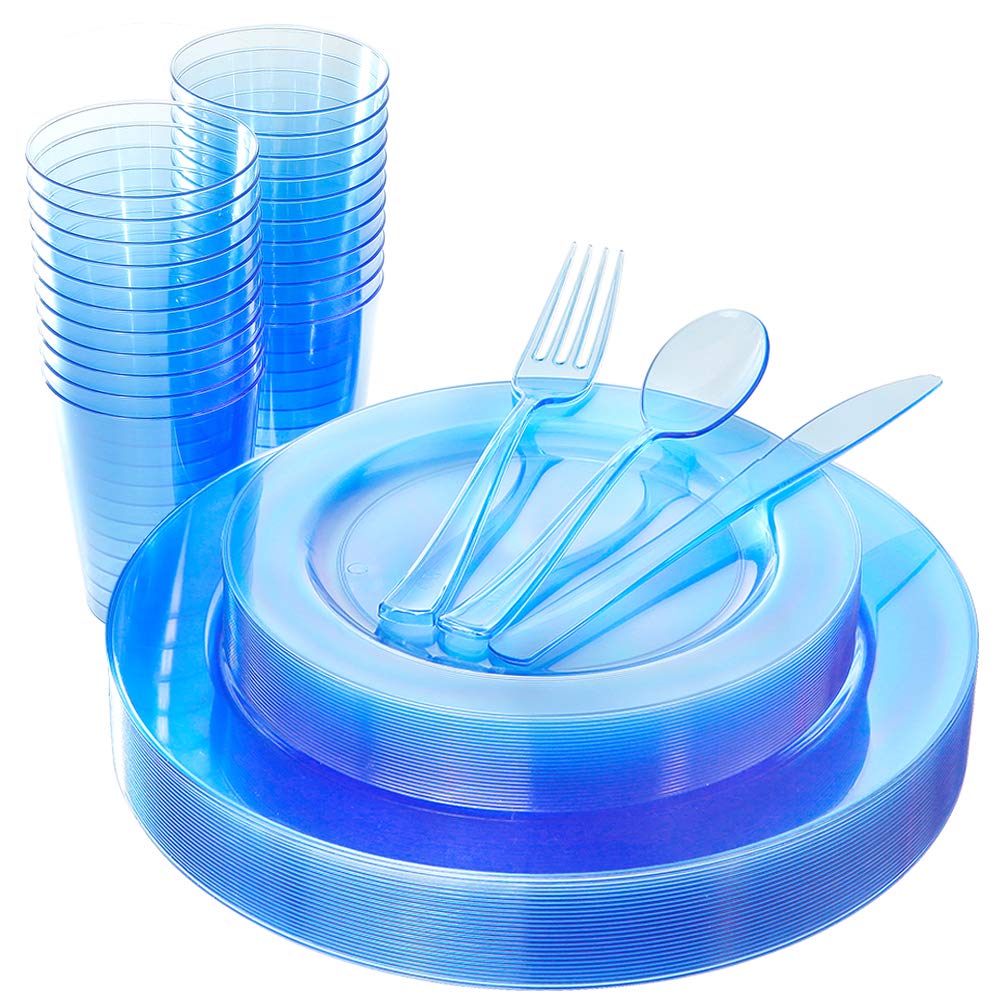 25-Piece Blue Disposable Dinnerware Set - 25 Dinner Plates, 25 Salad Plates, 25 Forks, 25 Knives, 25 Spoons & 25 Blue Plastic Cups - Perfect for Parties, BBQs, Picnics & Outdoor Events