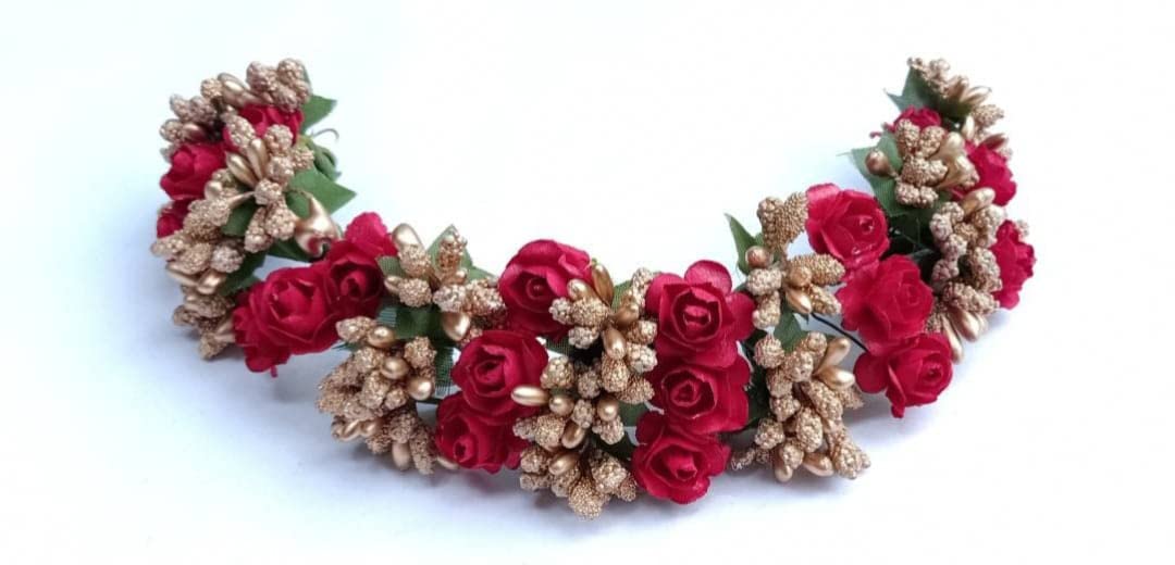 Vanshika Artificial Hair Gajra for Bun - Traditional Indian Dance Hair Accessories for Bharatnatyam & Kuchipudi - Golden & Red Flower Hair Jewelry for Women & Girls (Pack of 1) - Perfect for Wedding, Festival & Cultural Performances