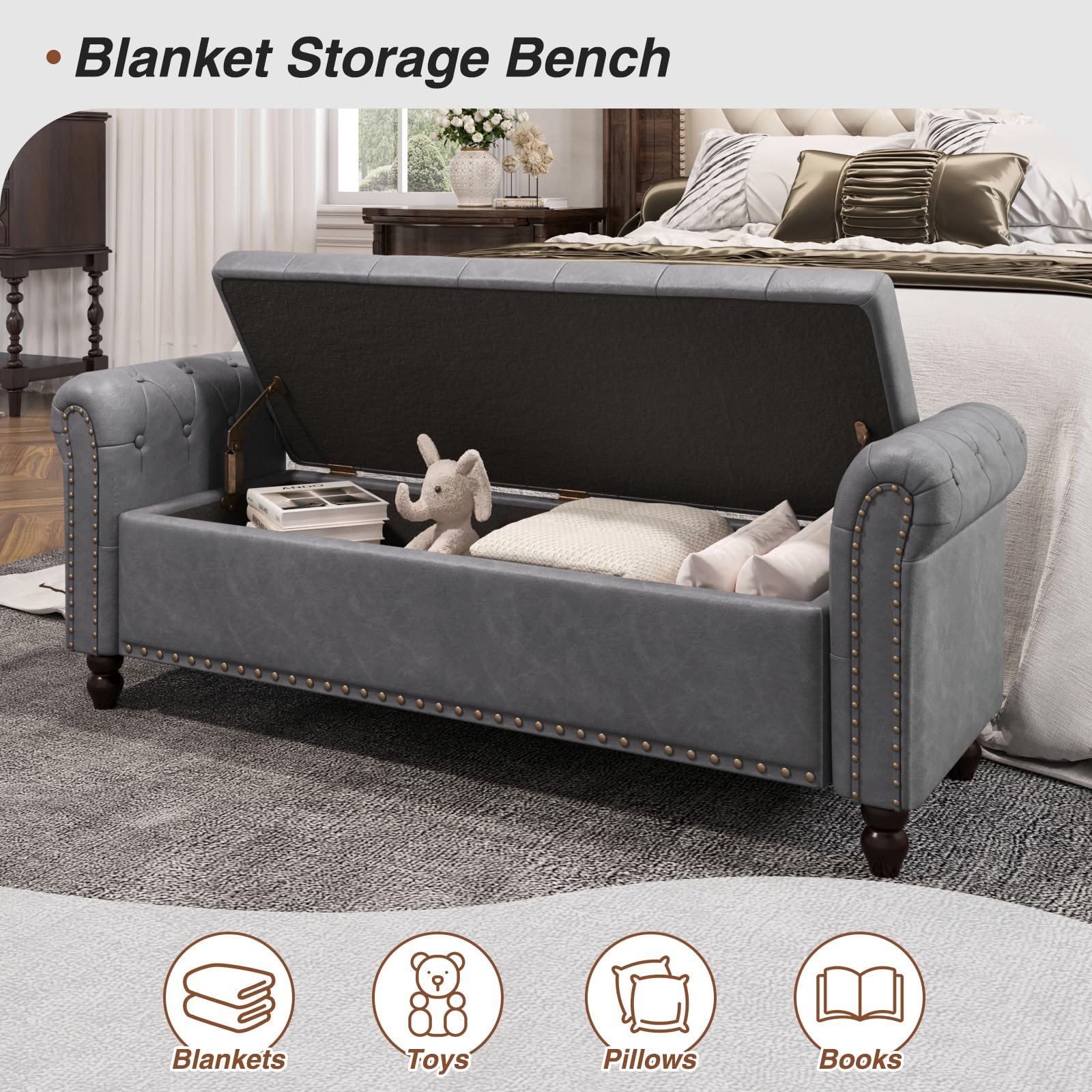 55 Inch Upholstered Storage Bench with Faux Leather & Tufted Button Design - Gray Bedroom Bench for End of Bed with Nailhead Trim & Rolled Arms | Perfect for Bedroom Seating, Window Seat, and Extra Storage Space