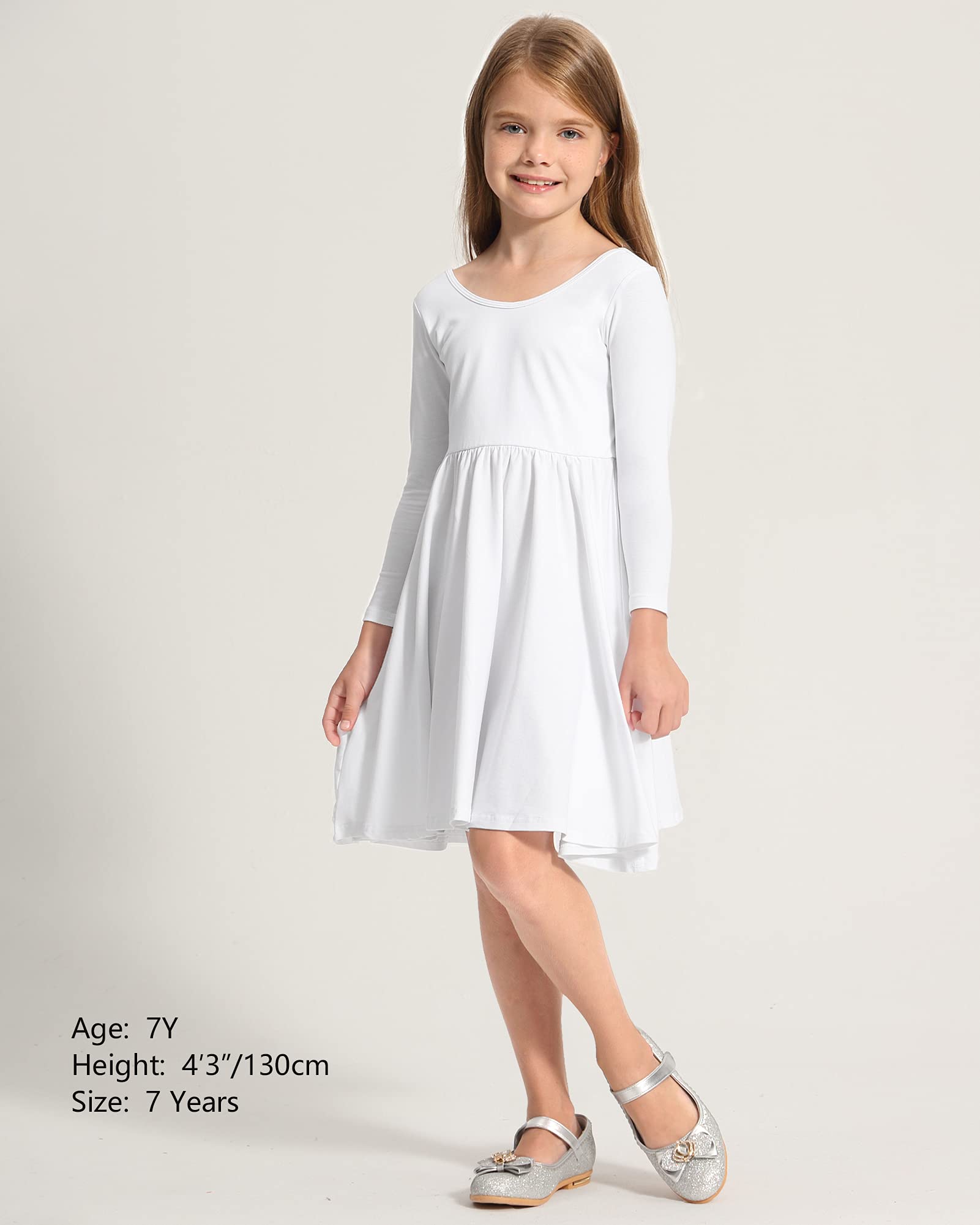 Stelle Girls Long Sleeve White Cotton Skater Dress - Twirl A-Line Toddler Dress for School, Casual Wear & Easter Outfits | Perfect for Playdates, Parties and Special Occasions