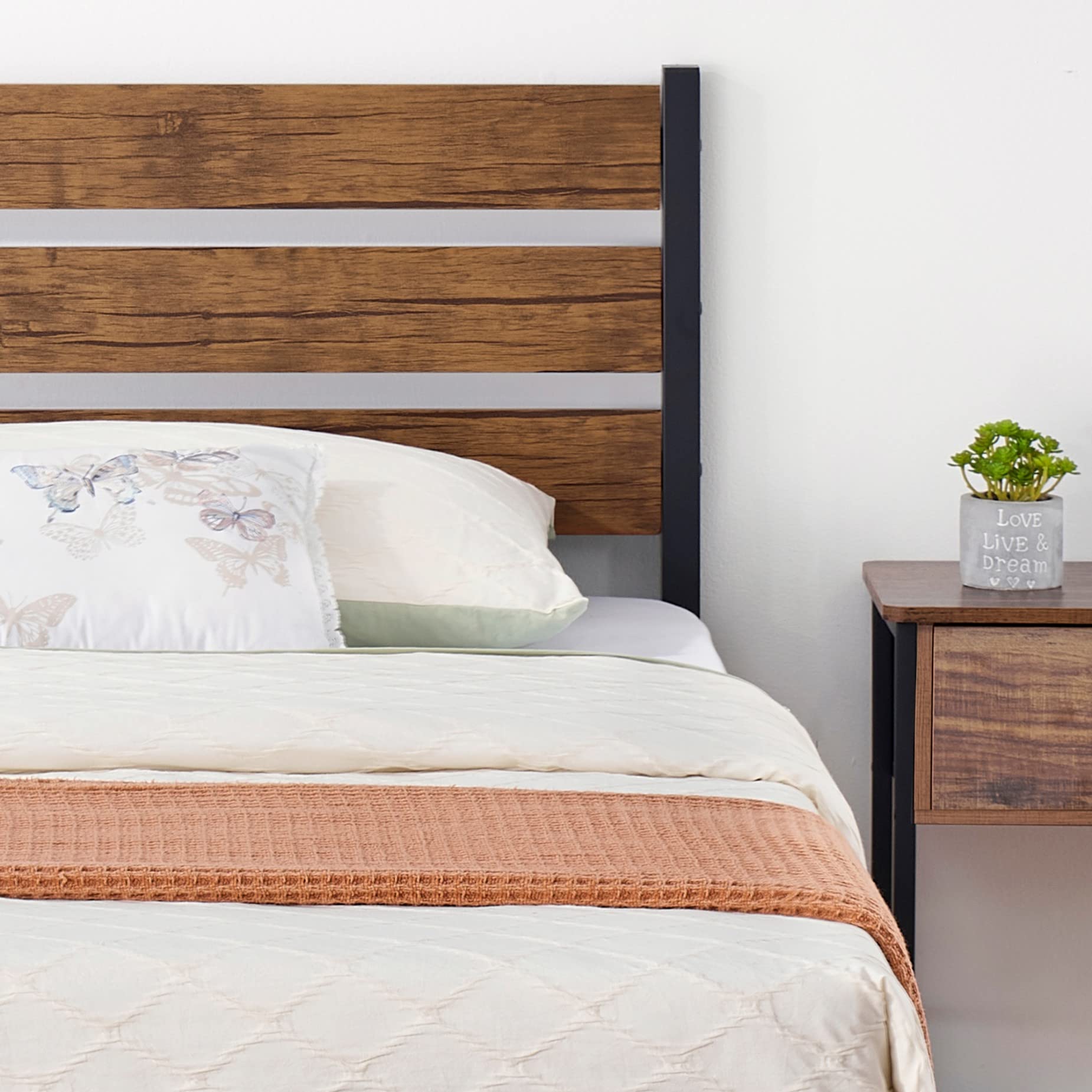 Alkmaar Twin Size Bed Frame with Wooden Headboard & Metal Slats - Sturdy Platform Bed with Underbed Storage Space, No Box Spring Required - Black Modern Bedroom Furniture for Small Spaces & Guest Rooms