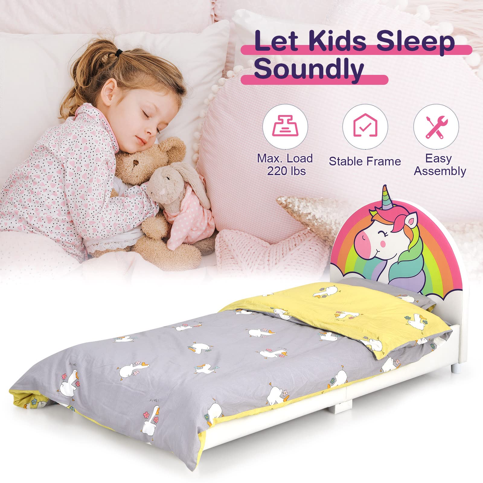 HONEY JOY Twin Bed Frame for Kids - Sturdy Wooden Platform Bed with Headboard & Slat Support, No Box Spring Needed - Perfect for Boys & Girls Bedroom - Fits Standard Twin Mattress - Unicorn Themed Kids Furniture for Playrooms & Sleepovers