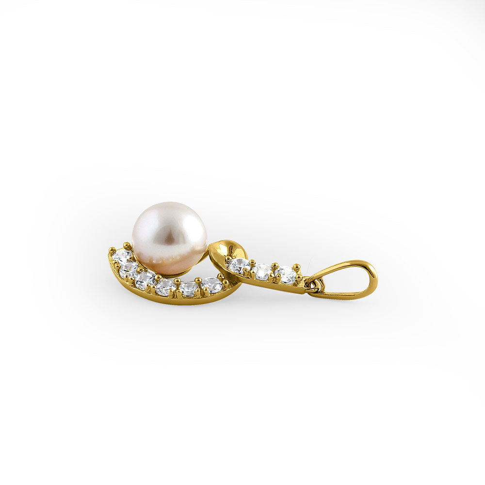 14K Yellow Gold Twisted Pearl and Cubic Zirconia Pendant Necklace - Elegant Jewelry for Women, Perfect for Weddings, Parties, and Special Occasions
