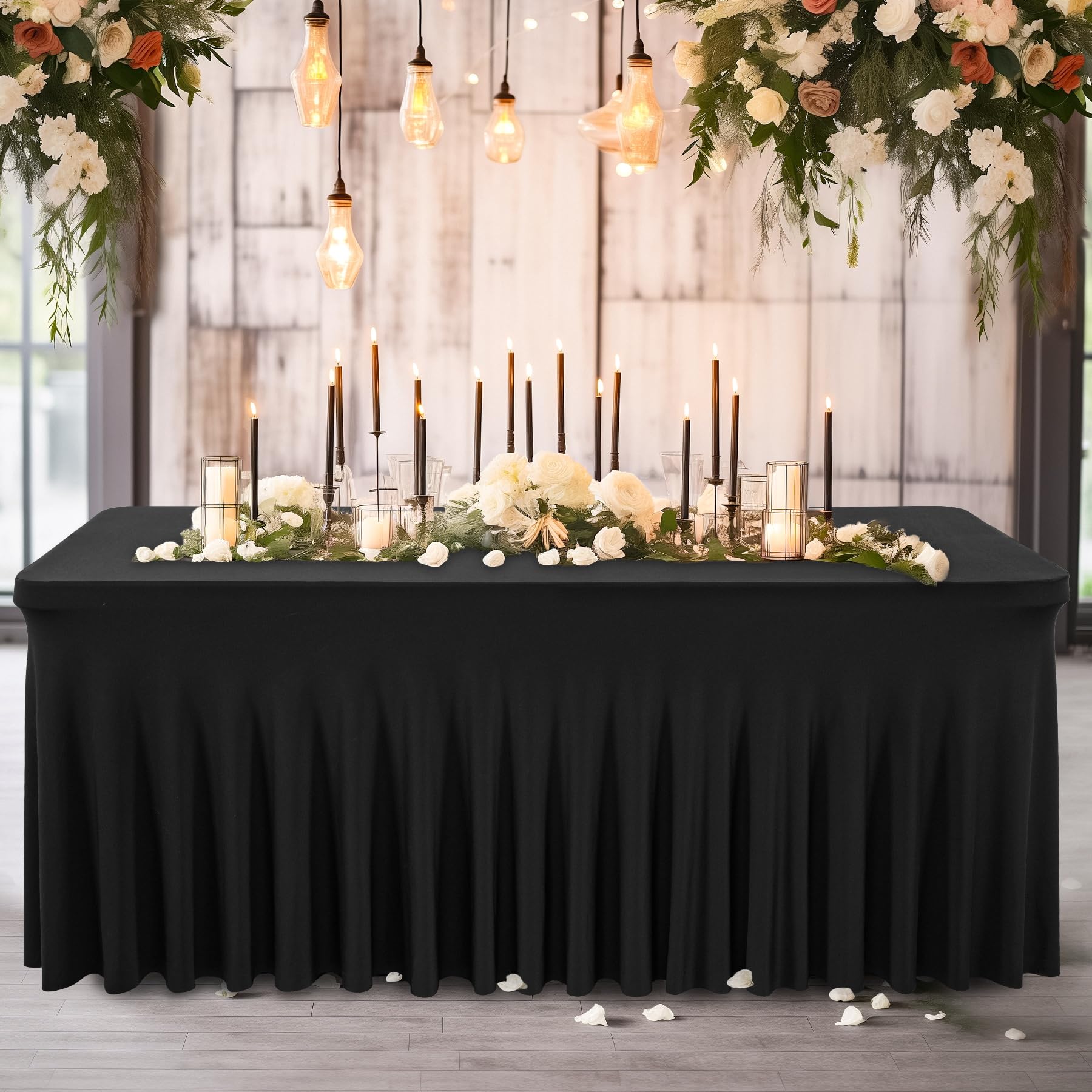 6 Pack Black Spandex Tablecloths for 6ft Rectangle Tables - Wrinkle-Free Stretch Fitted Table Covers for Wedding, Banquet, Party & Events (Perfect for Indoor/Outoor Dining, Buffets & Decorations)