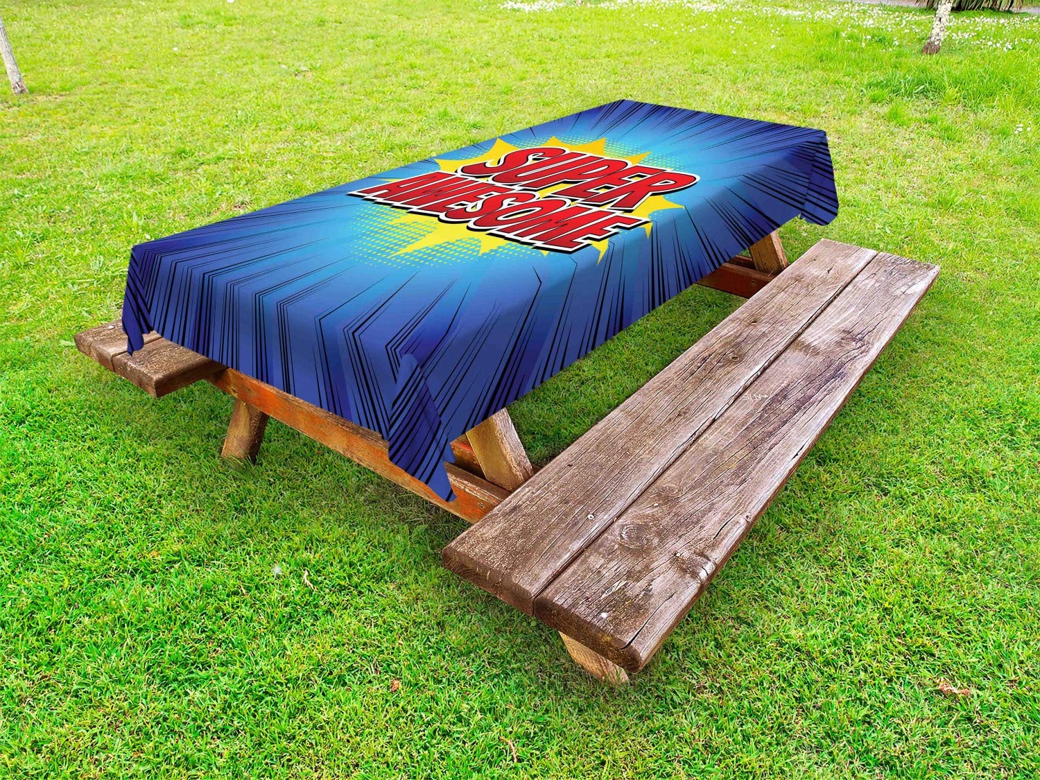 Ambesonne Comic Book Design Outdoor Tablecloth - Half Tone & Lines Background with Super Words - Washable Picnic Table Cover 58x84 Inches - Red Blue Yellow - Perfect for BBQs, Picnics, and Outdoor Dining