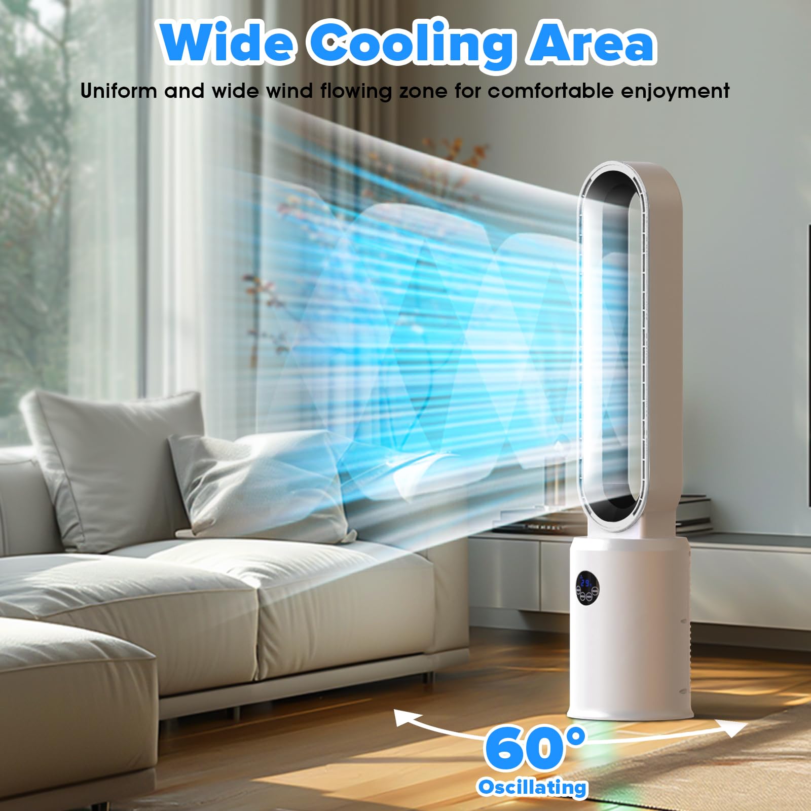 Bladeless Tower Fan with Remote Control - 24 Speed Settings, 12H Timer, Ultra Quiet Oscillating Air Circulator for Home, Bedroom & Office - Modern Silver Design | Perfect for Cooling, Air Circulation & White Noise Sleep Aid