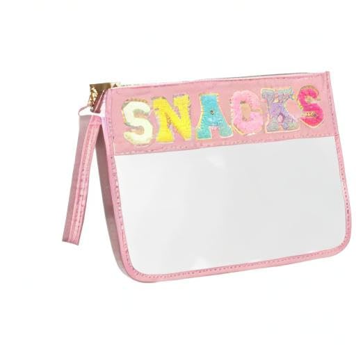 Snack Bags Pouch | Travel Makeup Bag with Chenille Letters | Clear Zippered Cosmetic Organizer | Women's Toiletry Tote for Travel, Gym & Daily Essentials