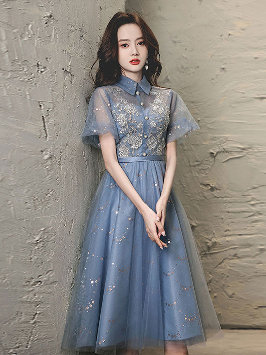 Elegant Blue Tulle Lace Short Prom Dress with Puffy Skirt - Perfect for Homecoming, Prom Night, and Special Occasions