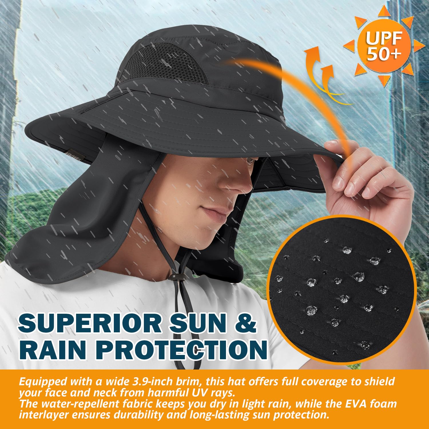 UPF 50+ Unisex Sun Hat with Neck Flap - Waterproof Packable for Outdoor Activities