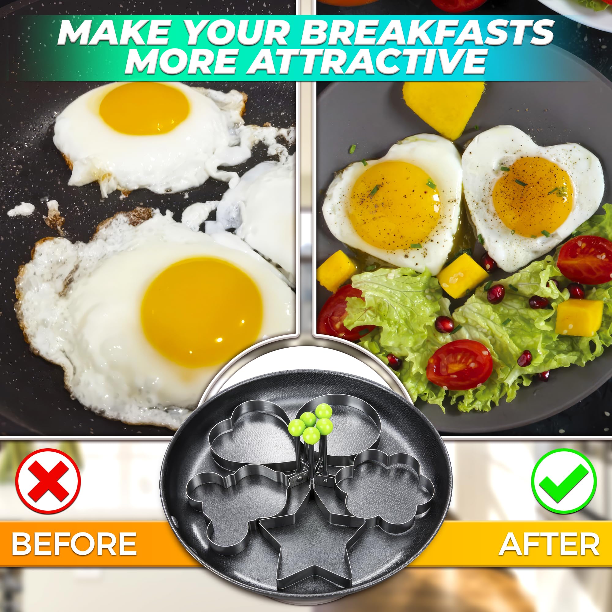 5 Pcs Stainless Steel Pancake Molds for Griddle - Egg Shaper for Frying Pan, Omelette & Fried Egg Maker, Non-Stick & Easy to Clean - Perfect for Breakfast, Brunch & Kids Cooking Fun