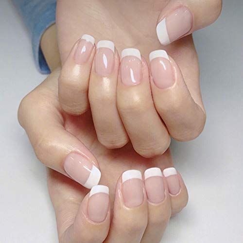 24pcs French False Nails for Women - Pink & White Medium Length Fake Nails, DIY Nail Art, Square Shape, Nude Color | Perfect for Parties, Weddings, and Daily Wear
