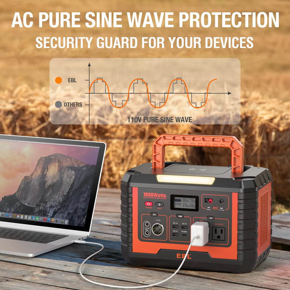 EBL MP1000 Portable Power Station 999Wh 1000W Solar Generator - Perfect for Camping, RV Trips, and Emergency Backup Power