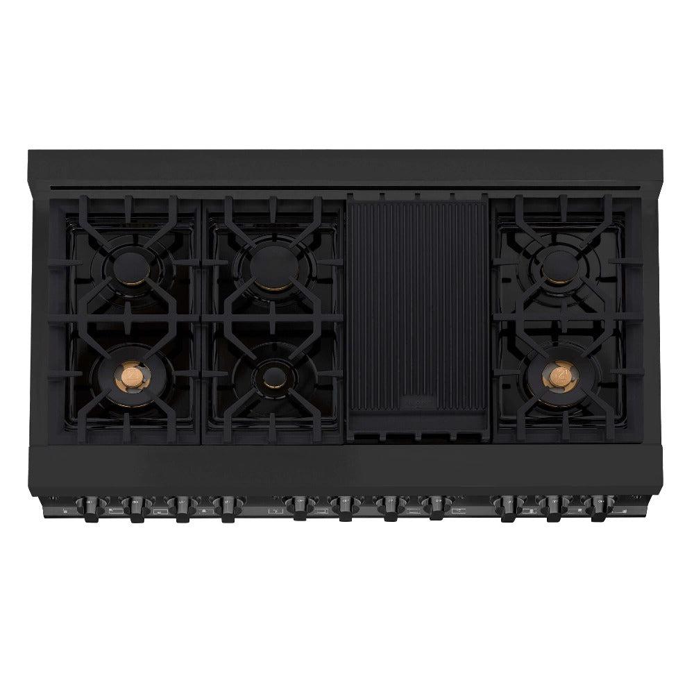 ZLINE 48 Inch Professional Kitchen Package - Black Stainless Steel Dual Fuel Range with Convertible Range Hood (2KP RABRH48) | Perfect for Home Chefs & Modern Kitchens