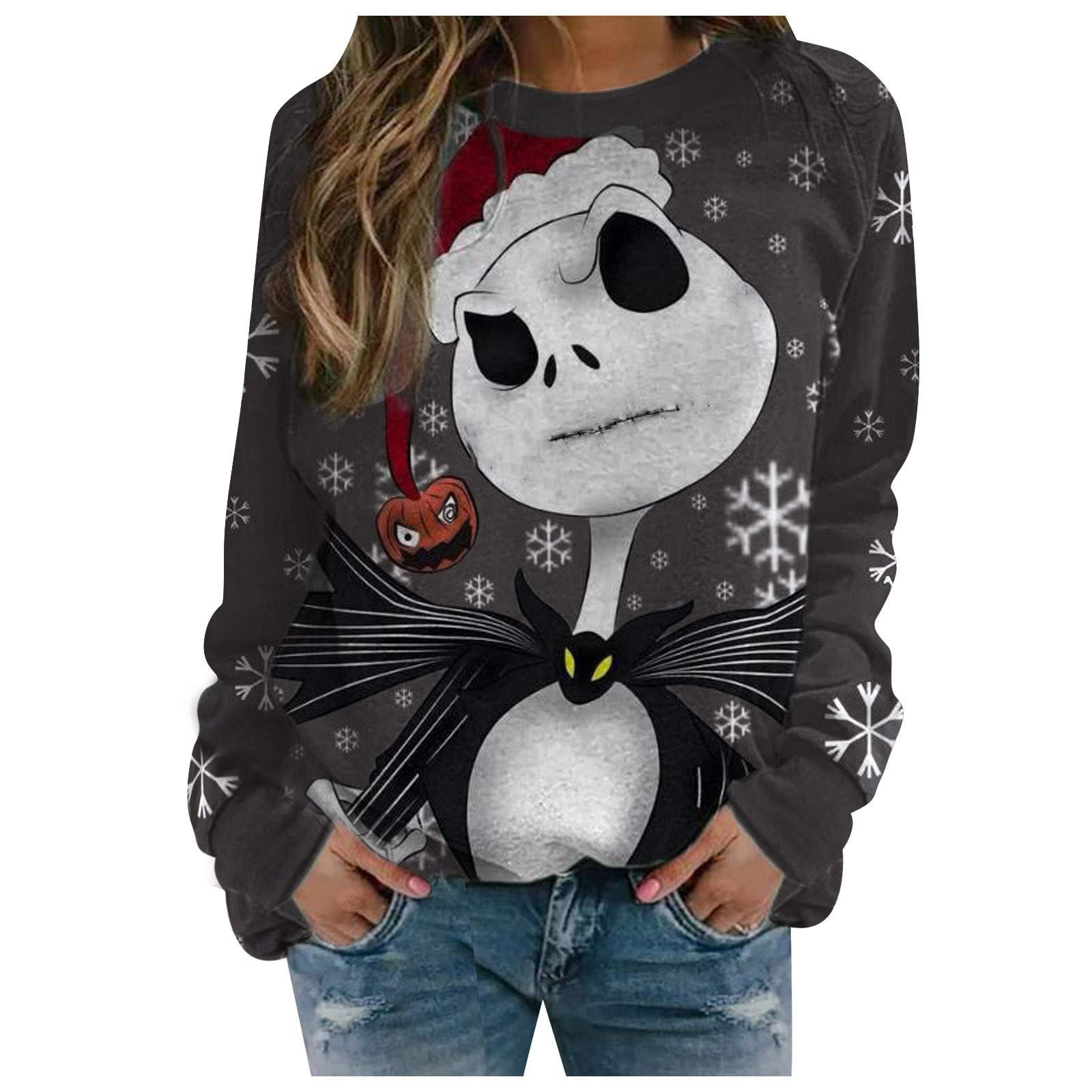 AMHLO Women's Christmas Graphic Reindeer Snowflakes Sweatshirt - Funny Holiday Pullover Long Sleeve Top for Plus Size - Perfect for Xmas Parties, Family Gatherings & Winter Festive Outfits