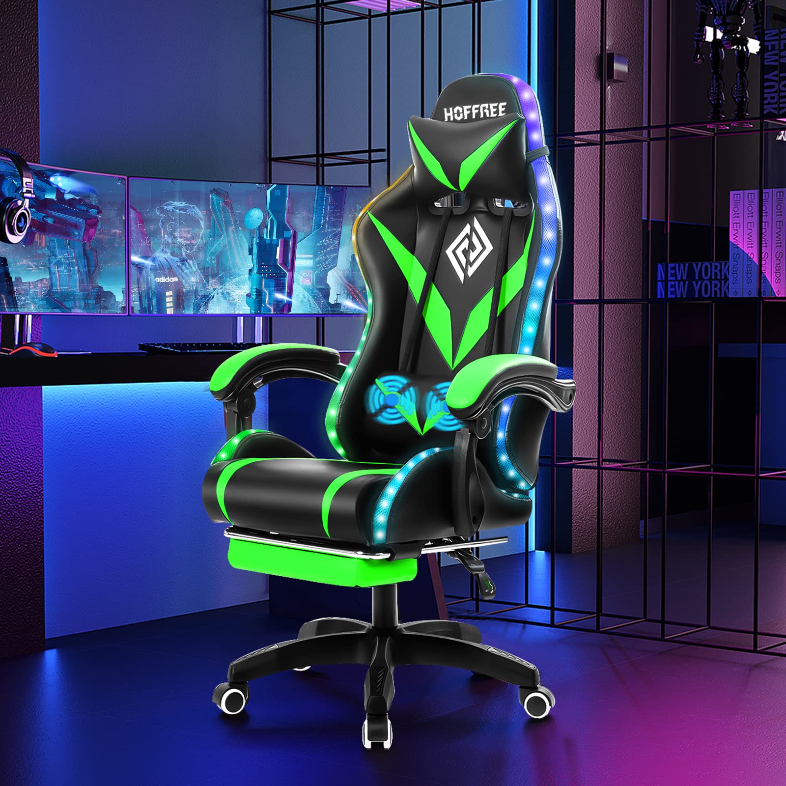 HOFREE Ergonomic Gaming Chair with Massage & LED Lights - High Back Reclining Computer Chair with Adjustable Lumbar Support & Footrest - Green & Black - Perfect for Esports, Streaming & Home Office Setup